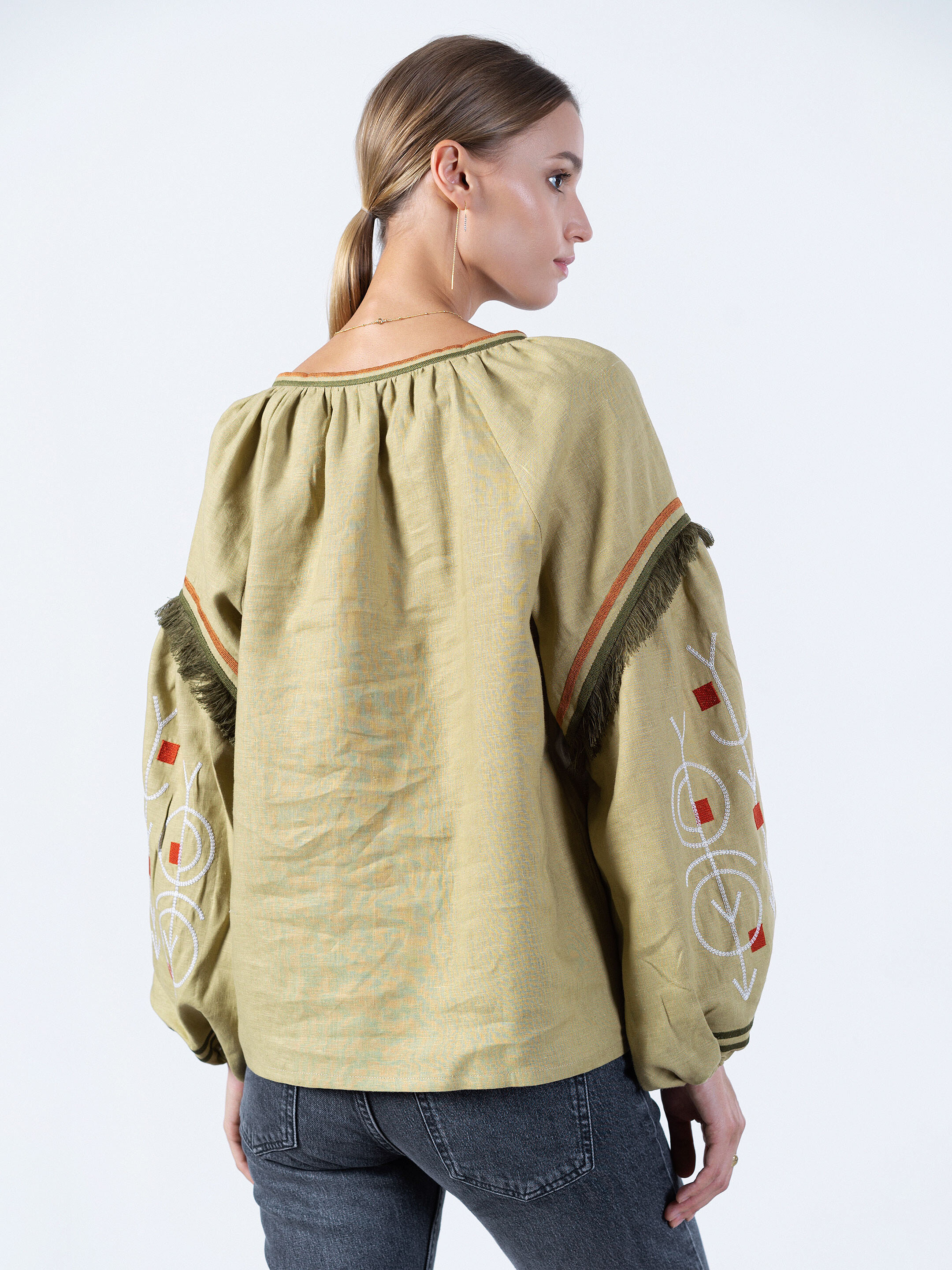 Linen embroidered free cut shirt GEO OLIVE photo