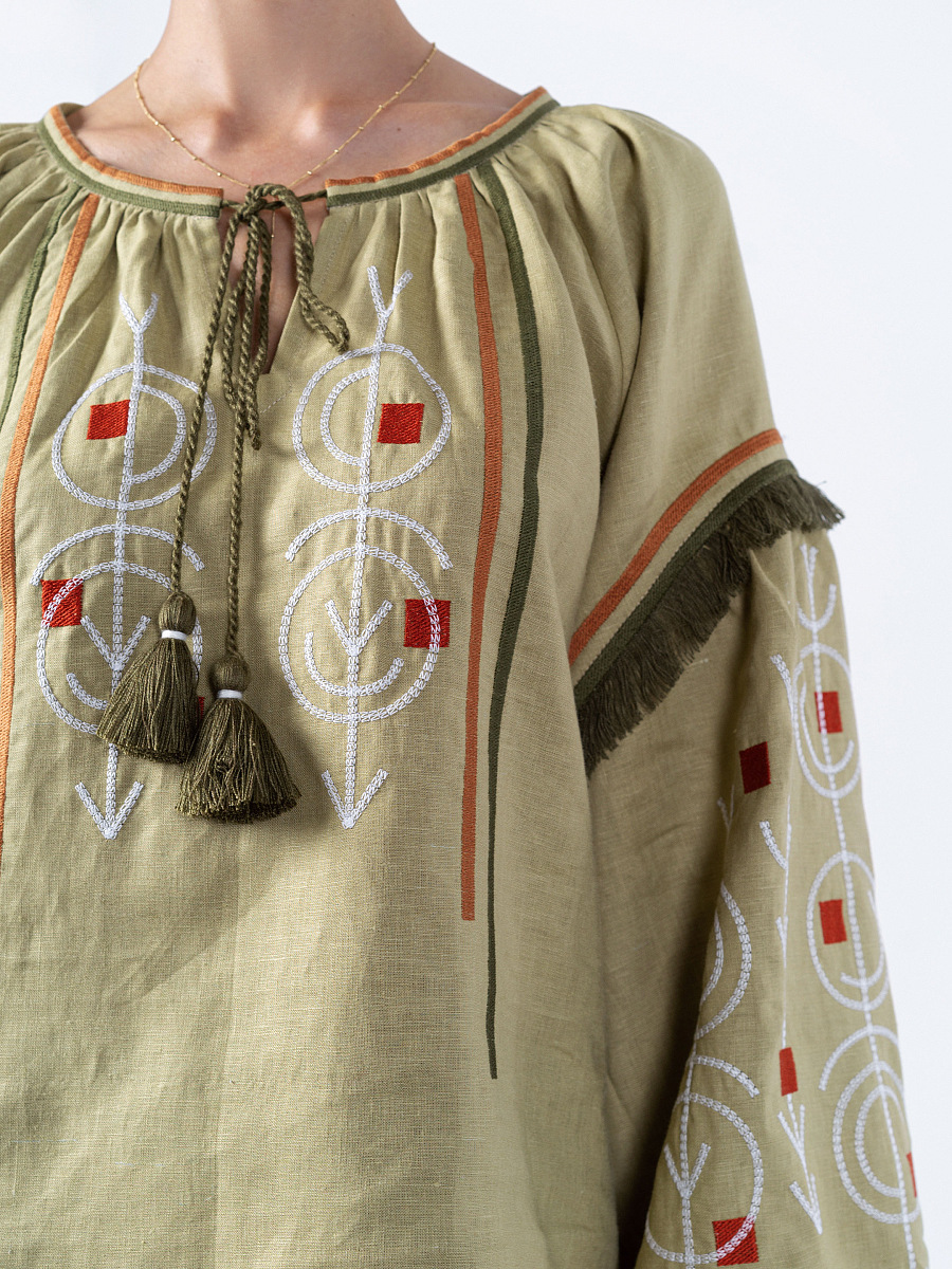Linen embroidered free cut shirt GEO OLIVE [0]