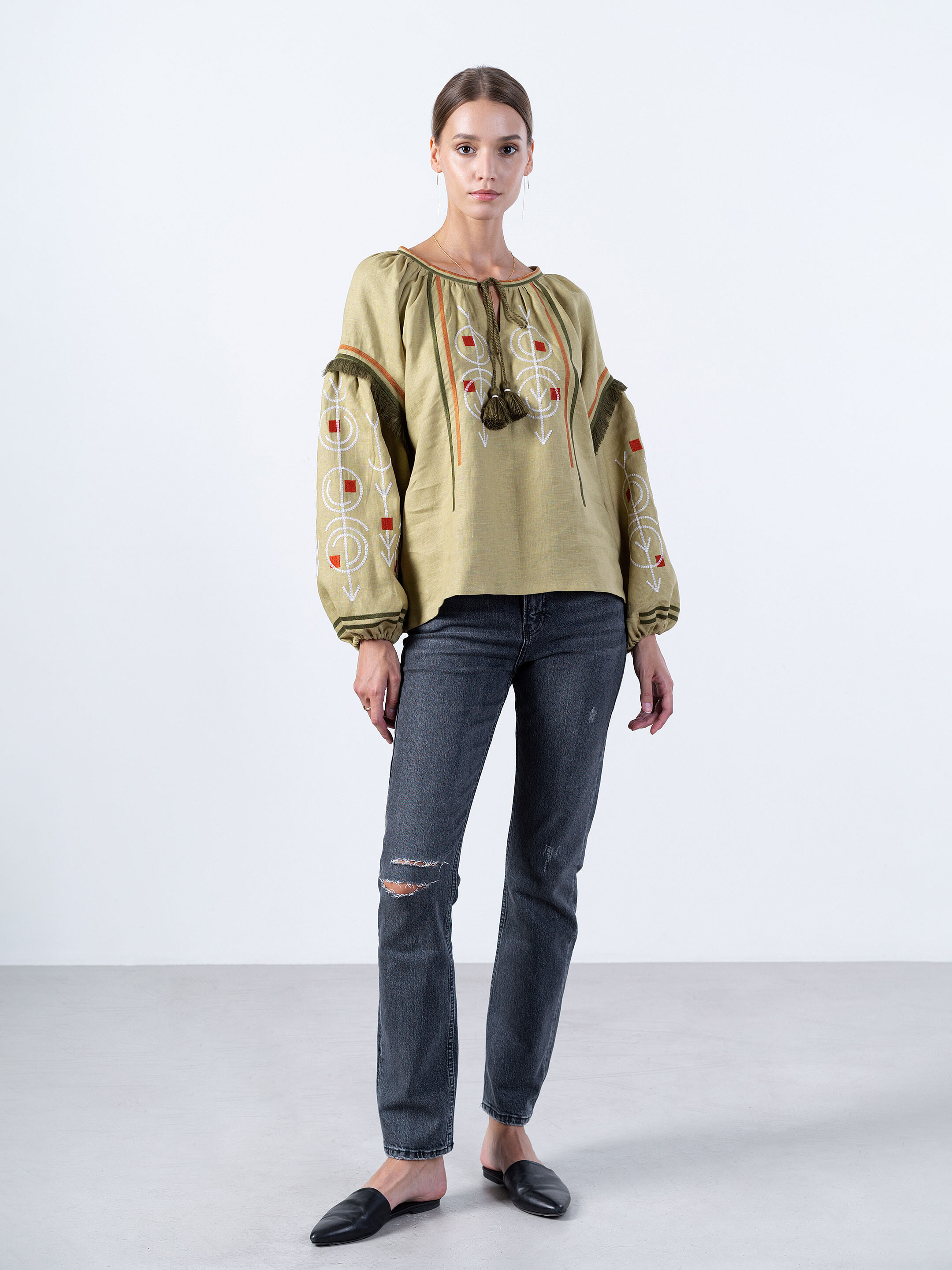 Linen embroidered free cut shirt GEO OLIVE cheap