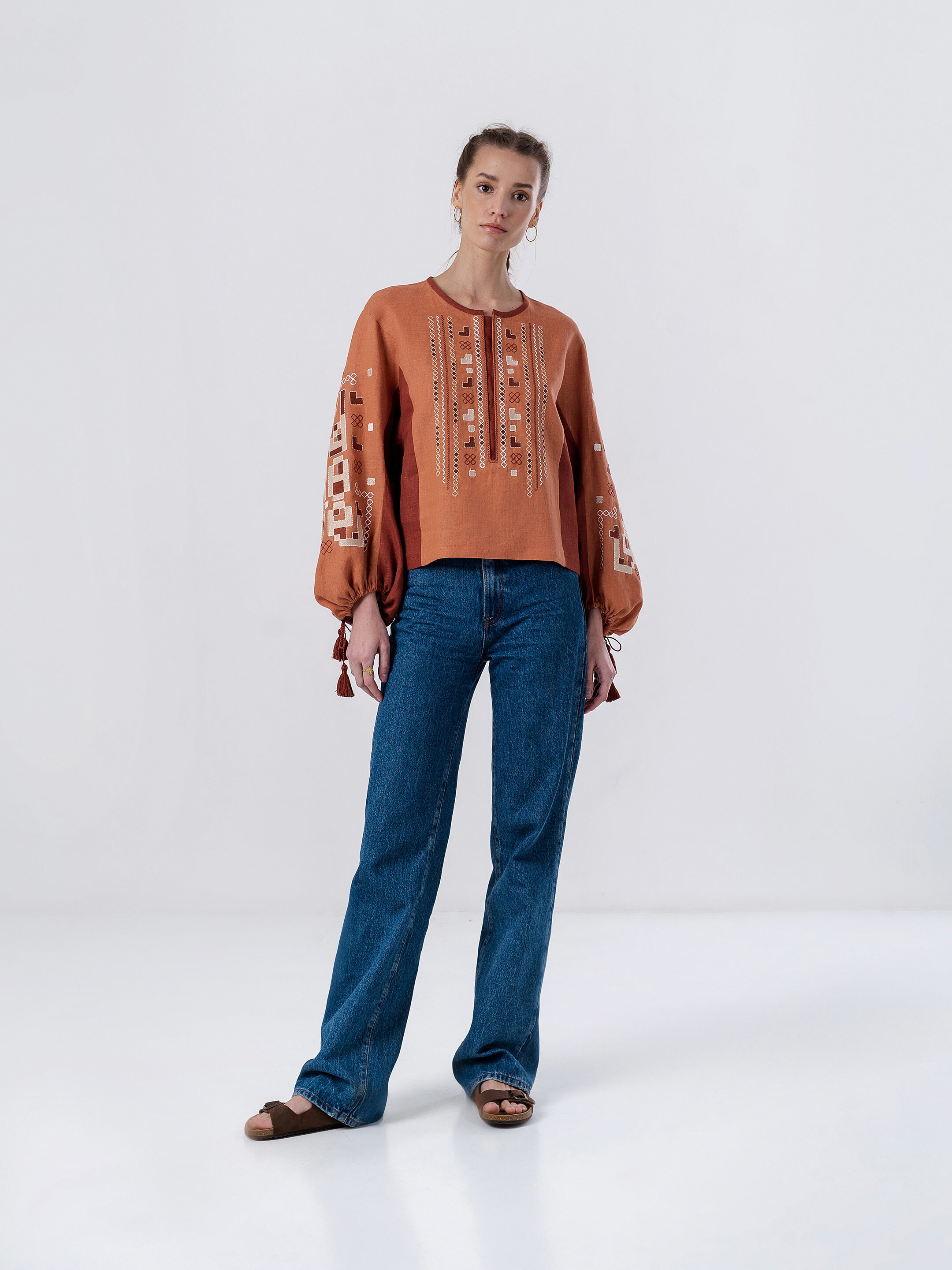 Linen embroidered shirt with geometric ornament Nezalezhni in Ukraine