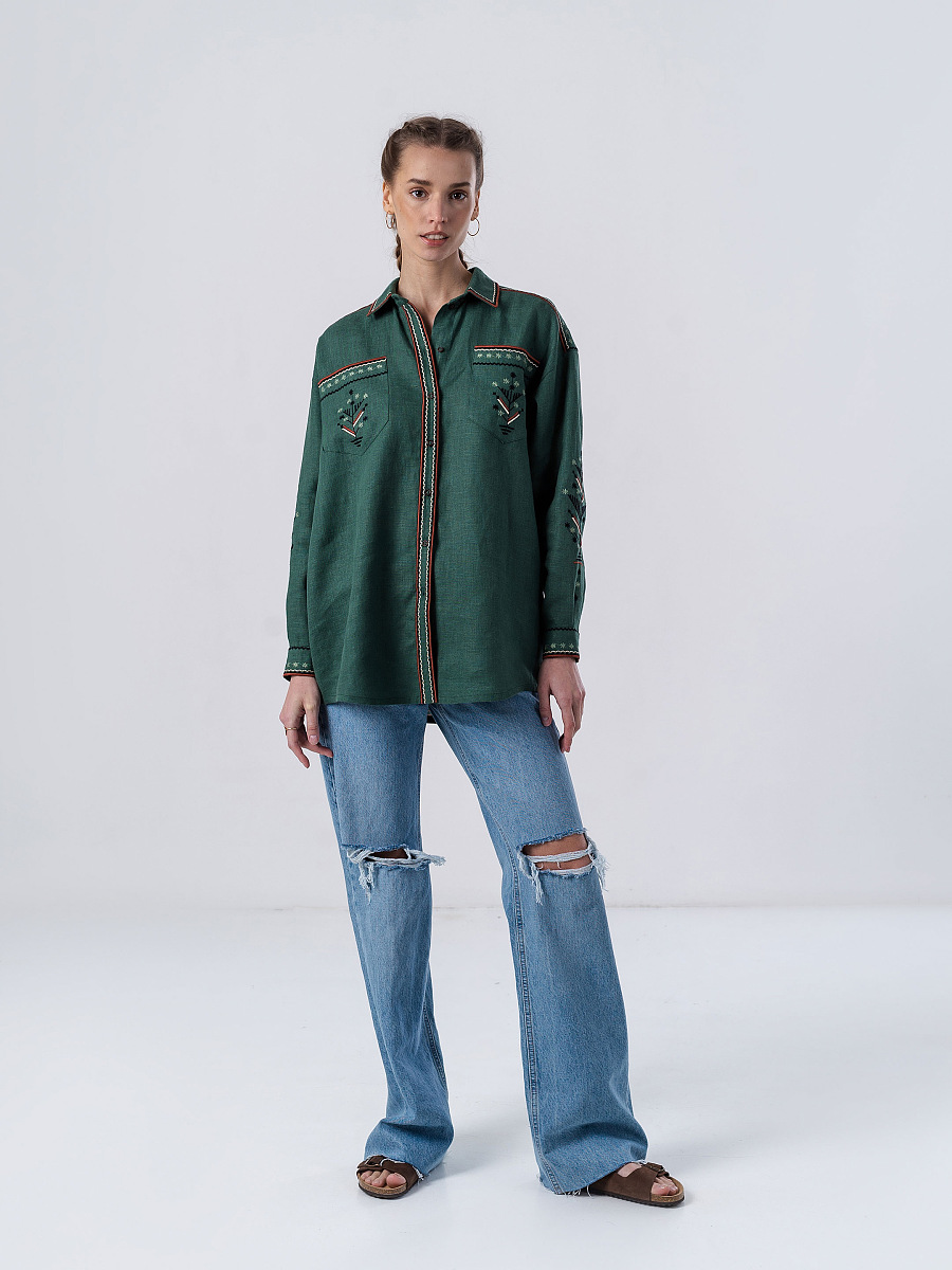 Green linen embroidered shirt Forest [0]