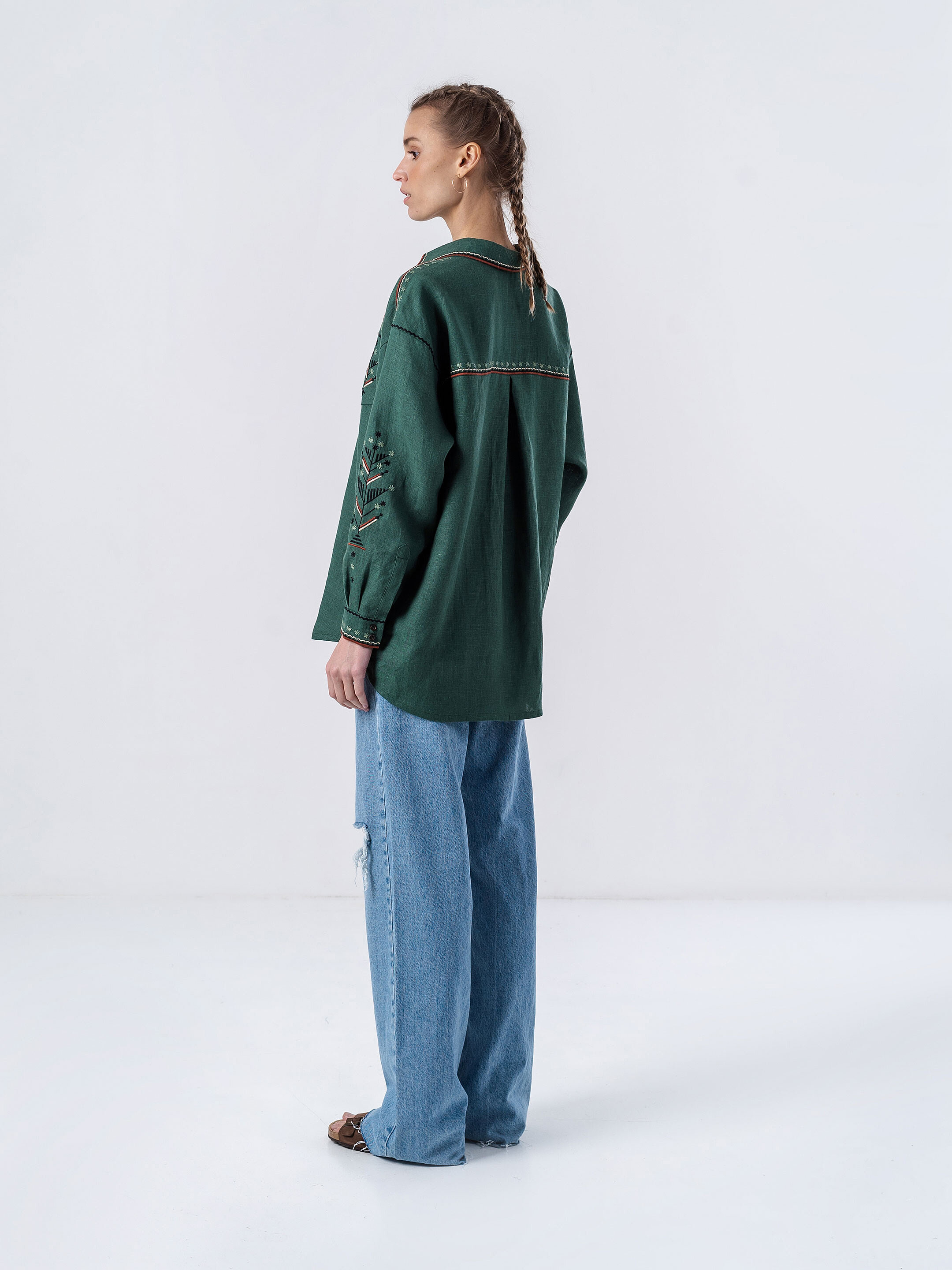 Green linen embroidered shirt Forest cheap