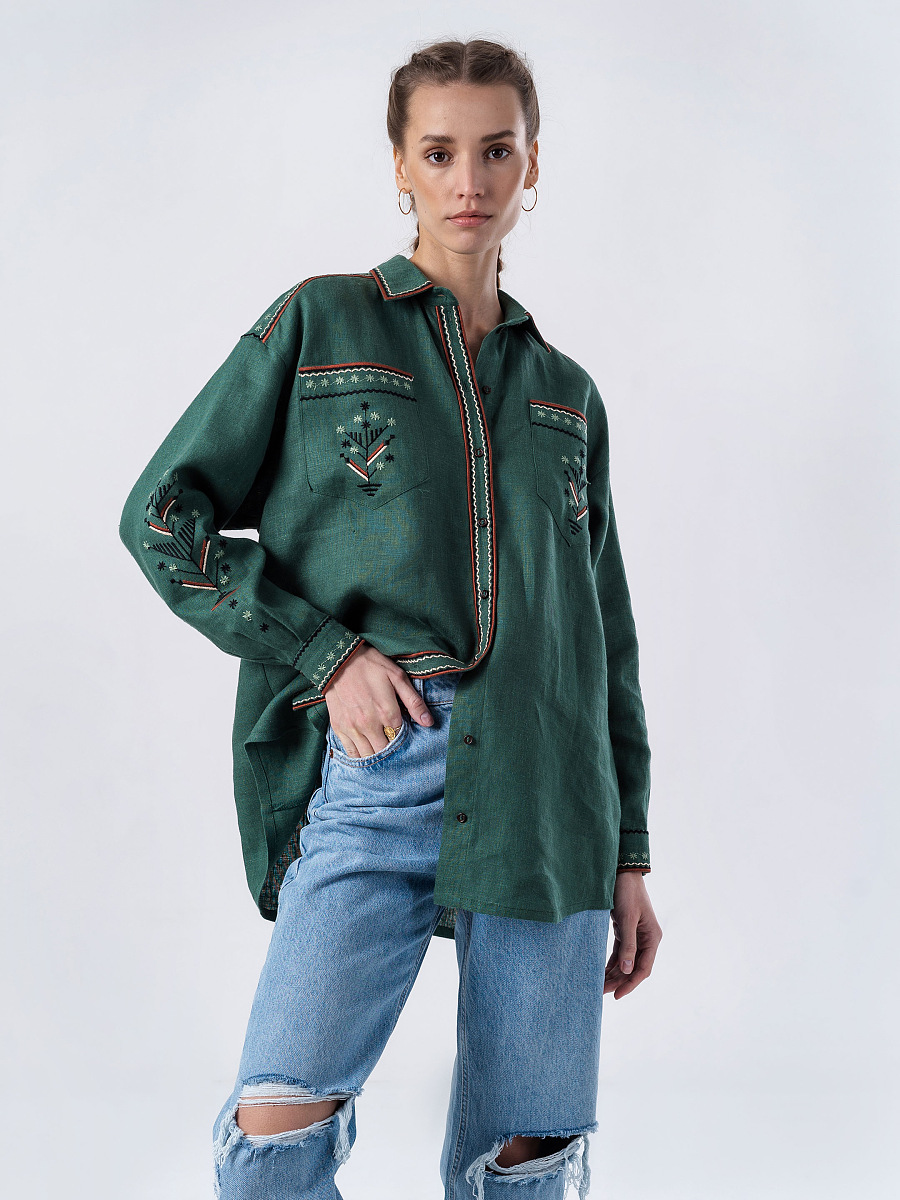 Green linen embroidered shirt Forest [0]