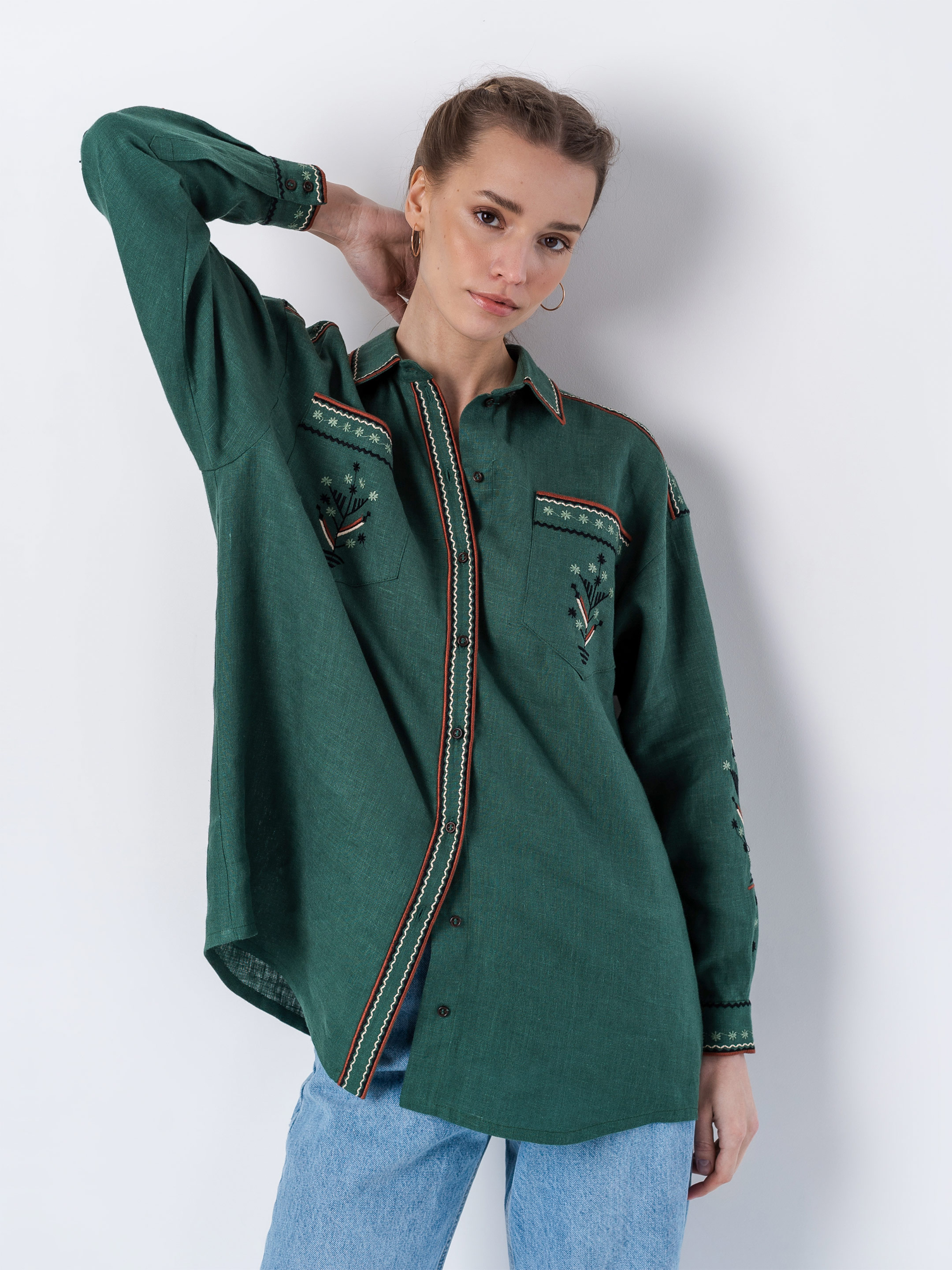 Green linen embroidered shirt Forest - photo 1