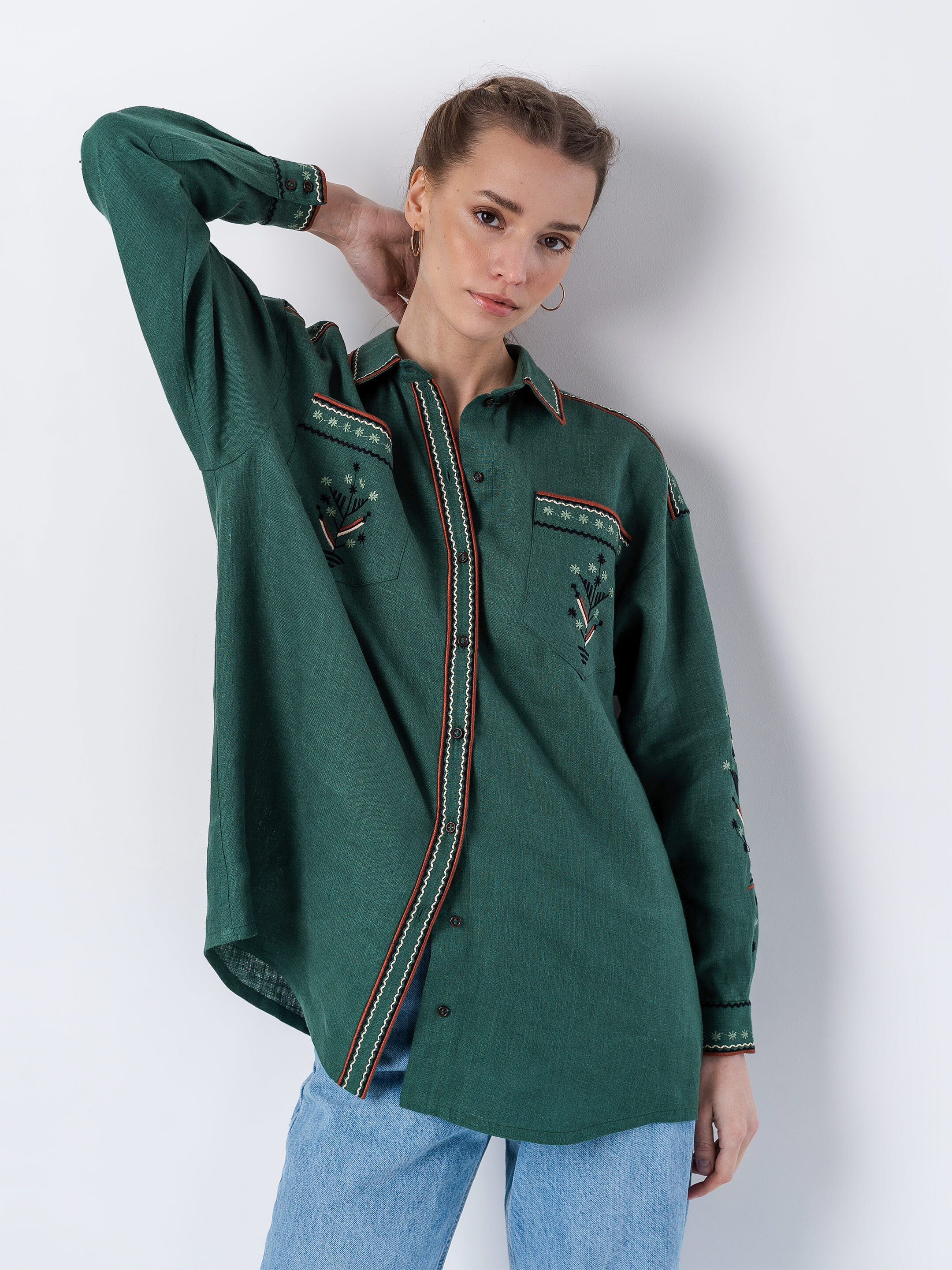 Green linen embroidered shirt Forest Buy