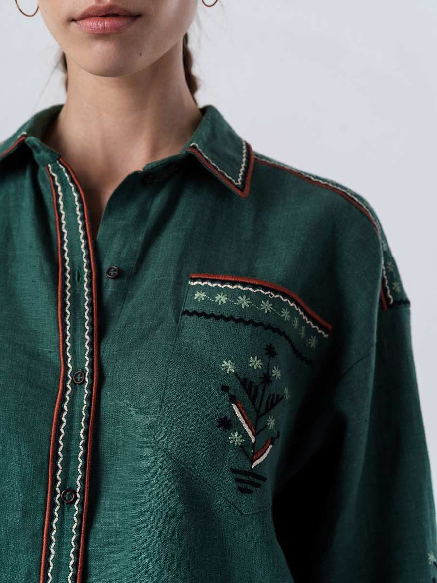 Green linen embroidered shirt Forest [0]