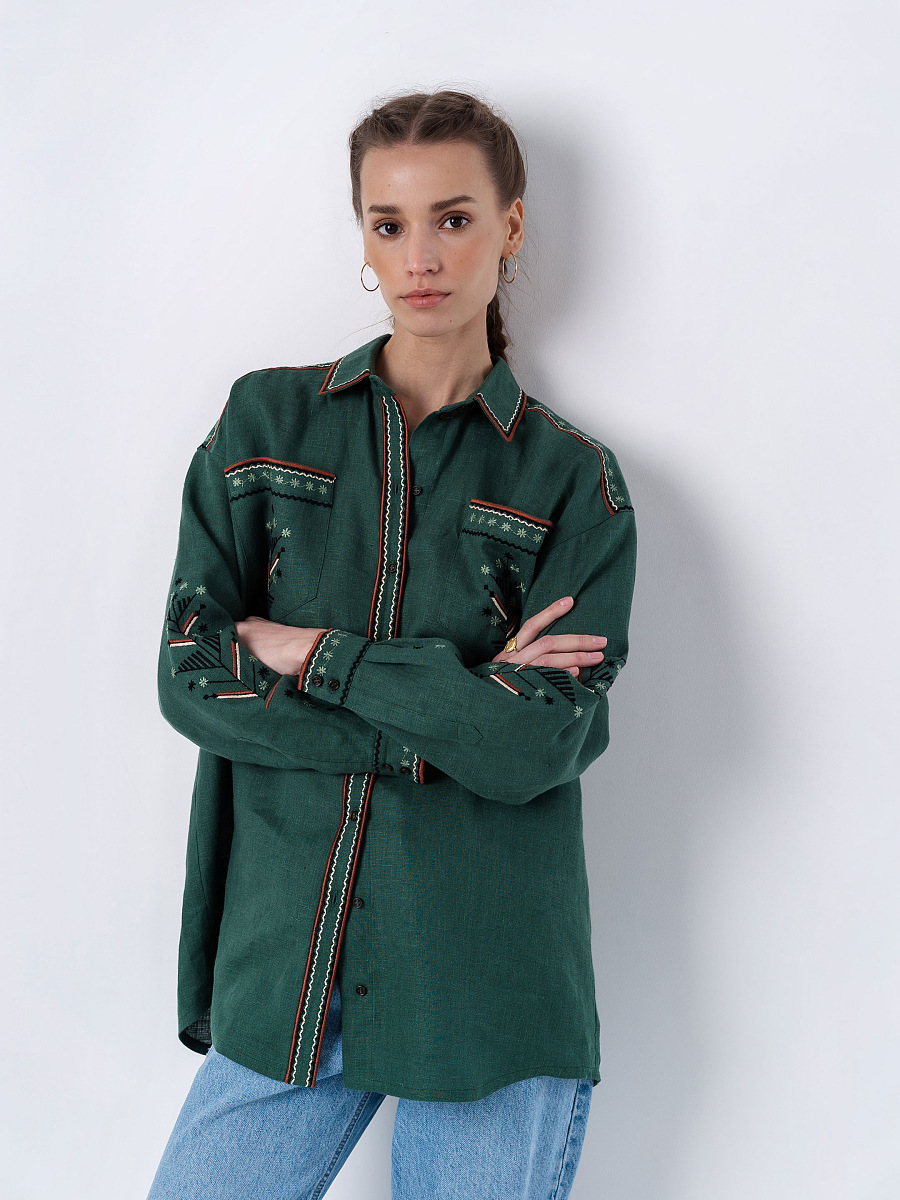Green linen embroidered shirt Forest [0]