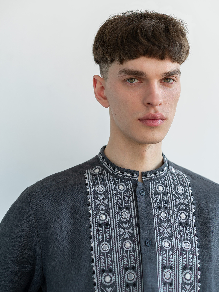 Grey shirt with geometric ornament and buttons KOLOS DARK [0]