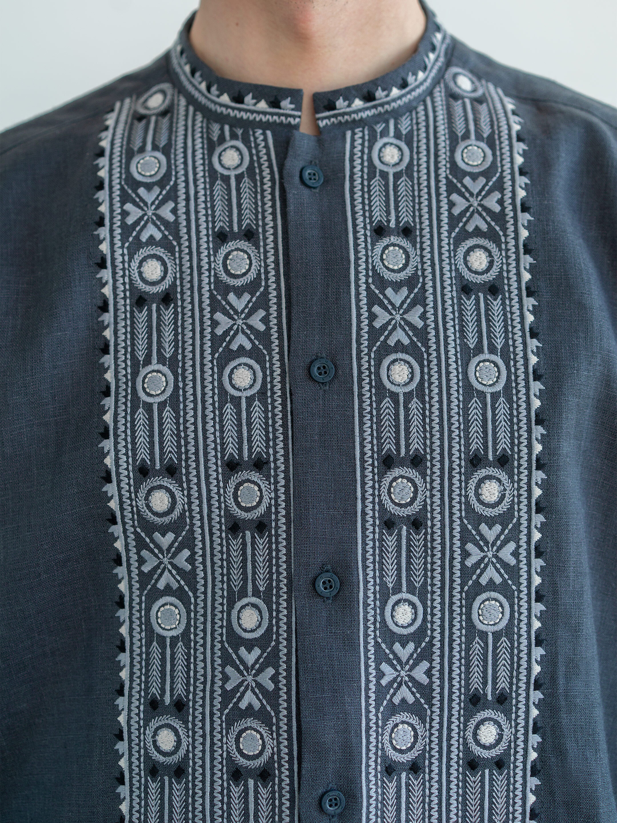 Grey shirt with geometric ornament and buttons KOLOS DARK buy