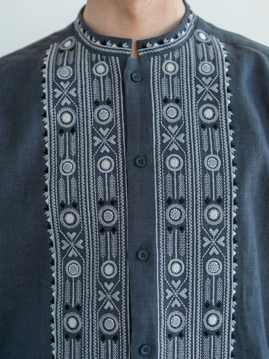 Grey shirt with geometric ornament and buttons KOLOS DARK [0]