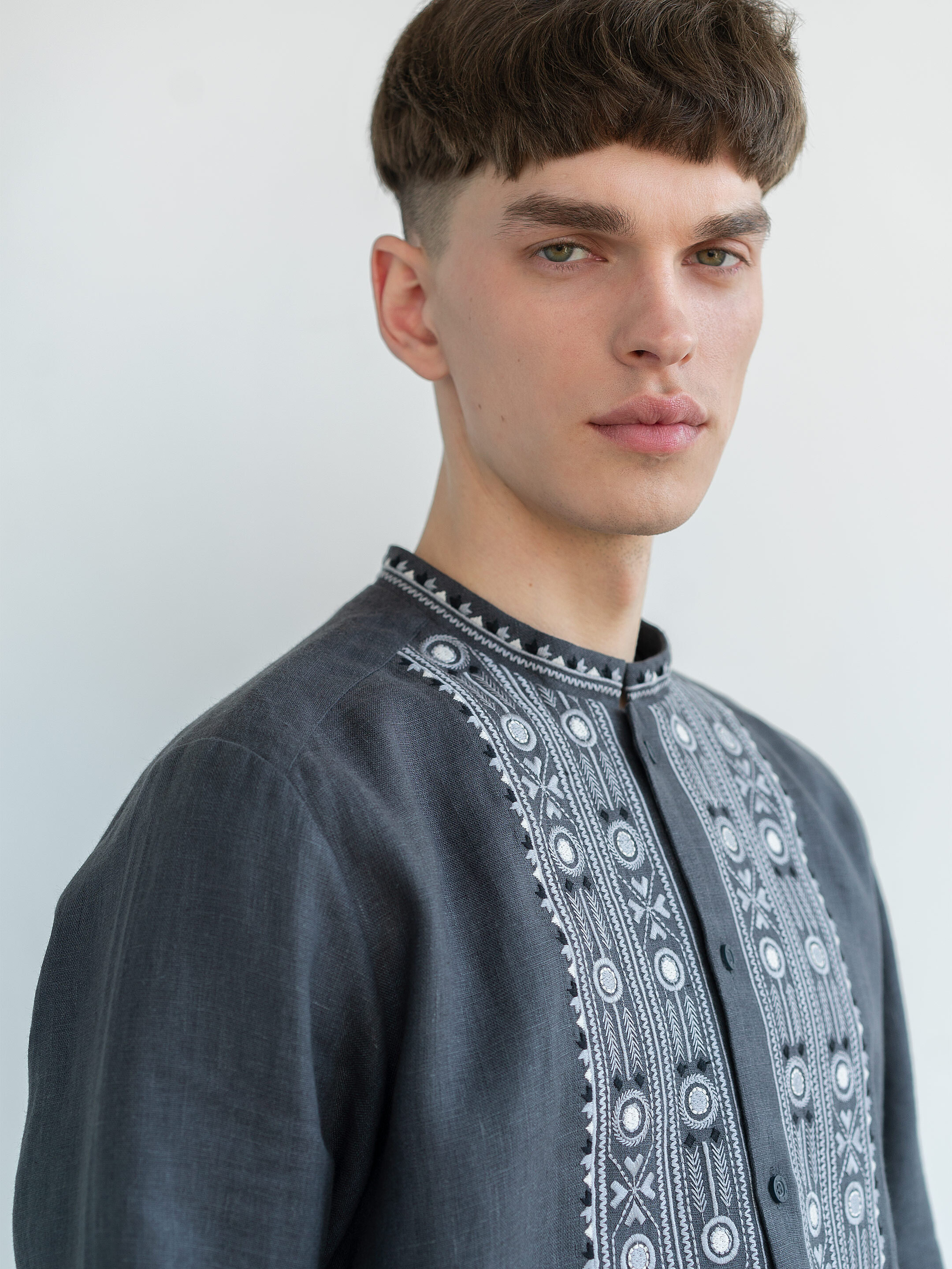 Grey shirt with geometric ornament and buttons KOLOS DARK ціна