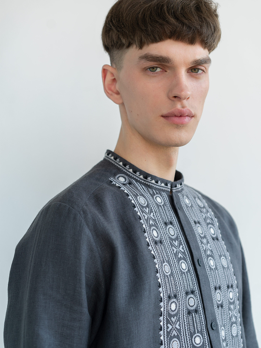 Grey shirt with geometric ornament and buttons KOLOS DARK [0]