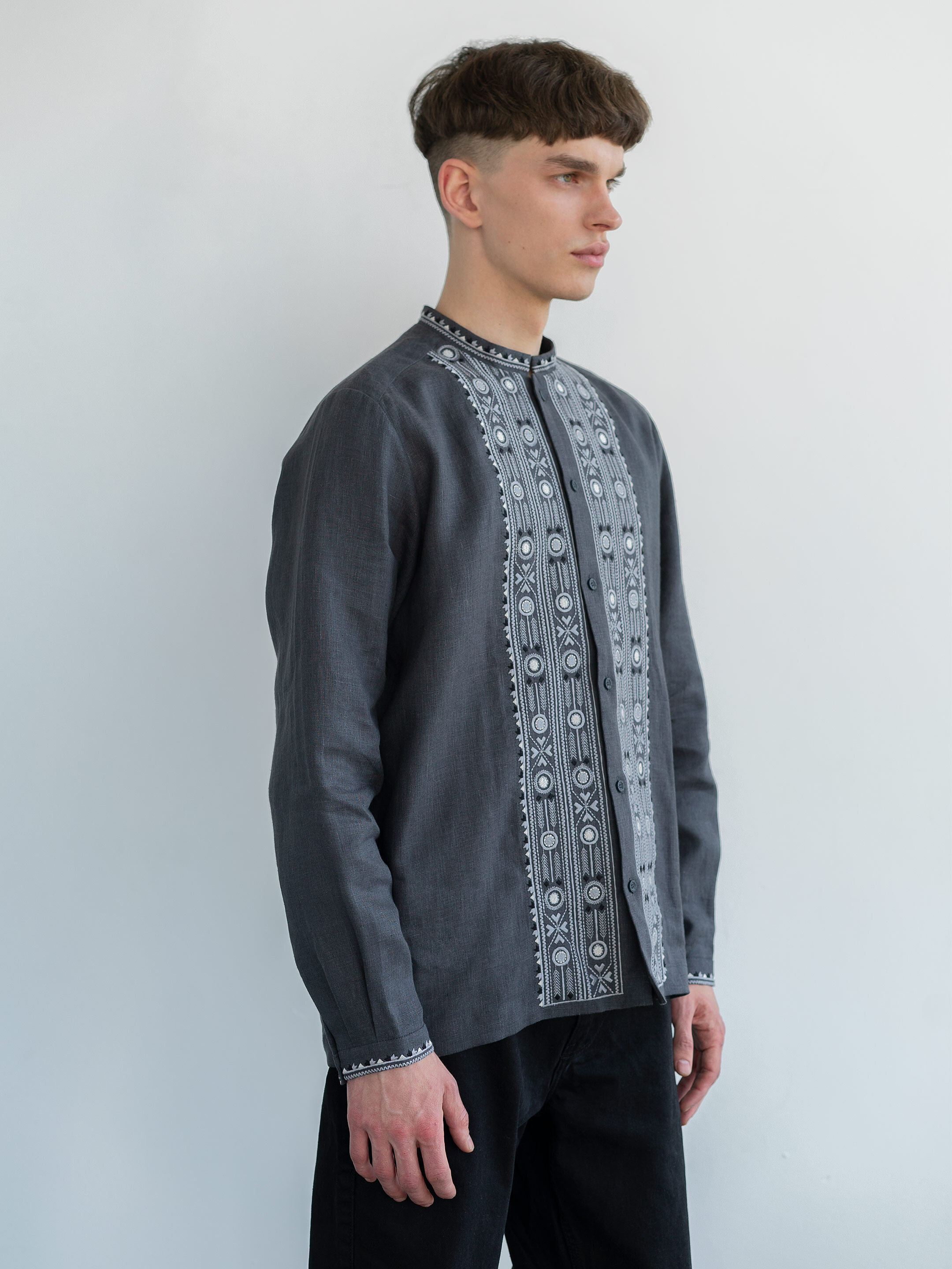 Grey shirt with geometric ornament and buttons KOLOS DARK photo