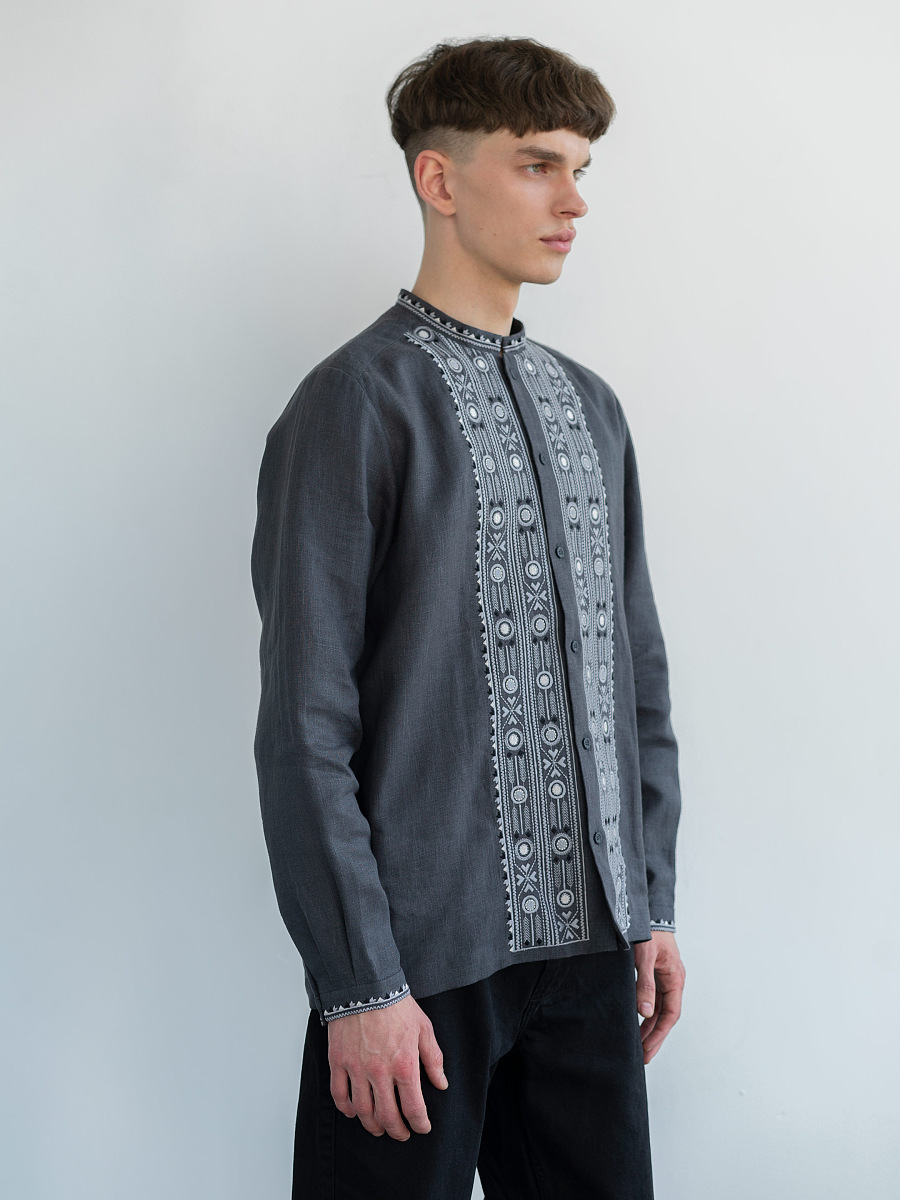 Grey shirt with geometric ornament and buttons KOLOS DARK [0]