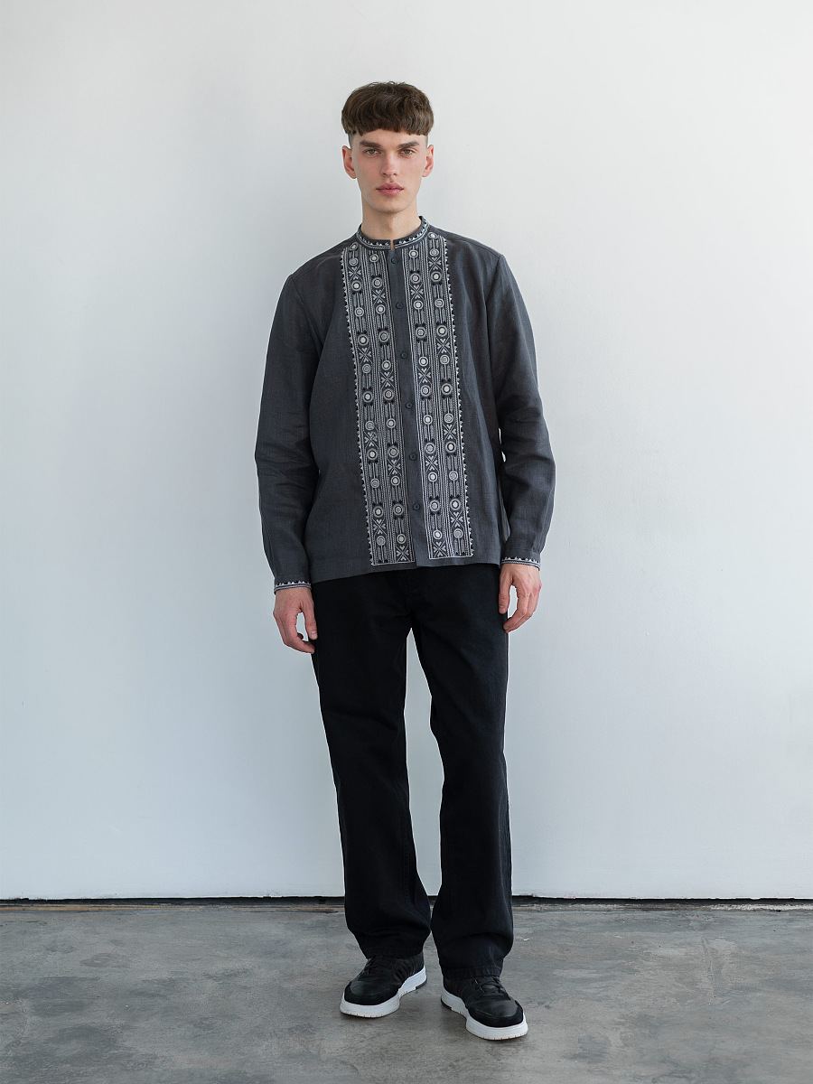Grey shirt with geometric ornament and buttons KOLOS DARK [0]