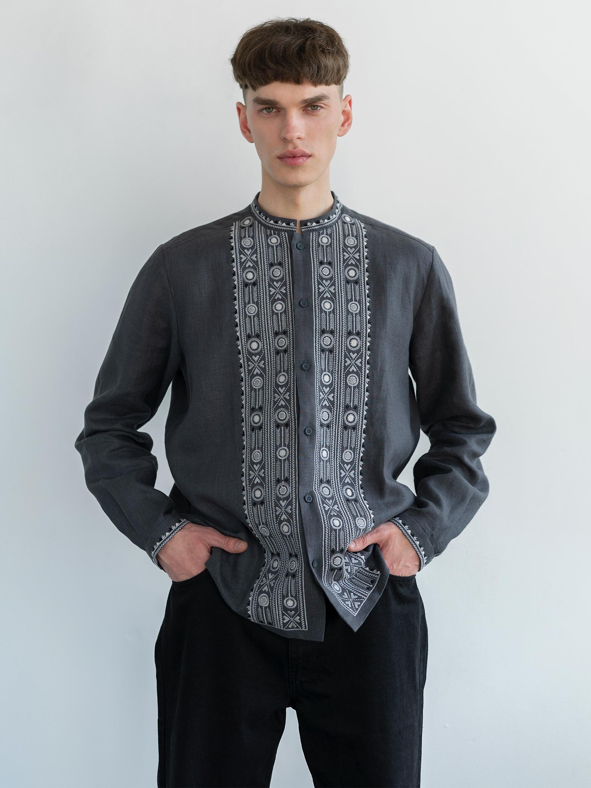 Grey shirt with geometric ornament and buttons KOLOS DARK Buy