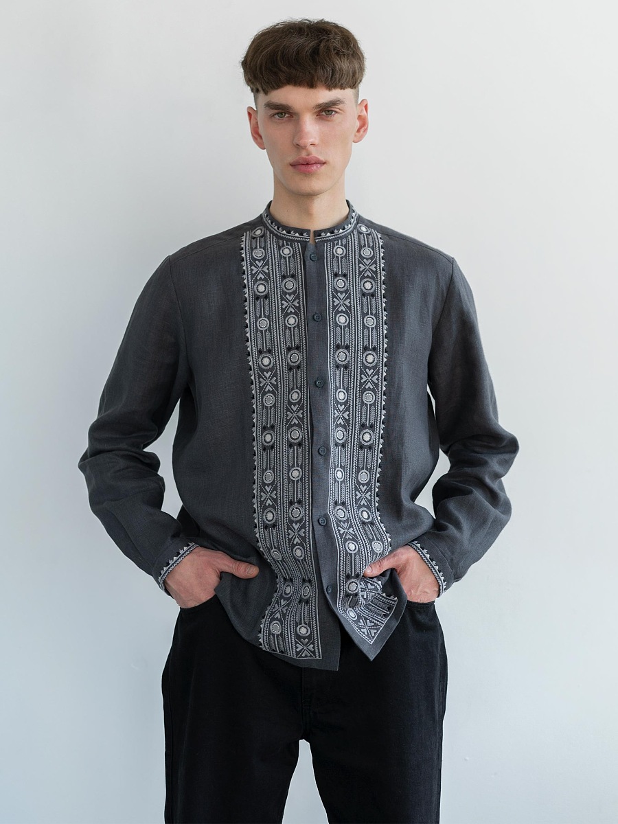 Grey shirt with geometric ornament and buttons KOLOS DARK [0]