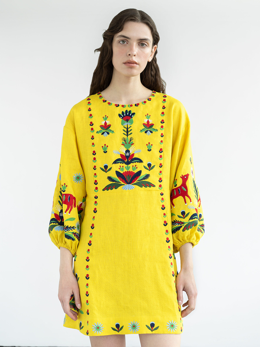 Yellow linen dress with embroidery Prykhodko Yellow [0]