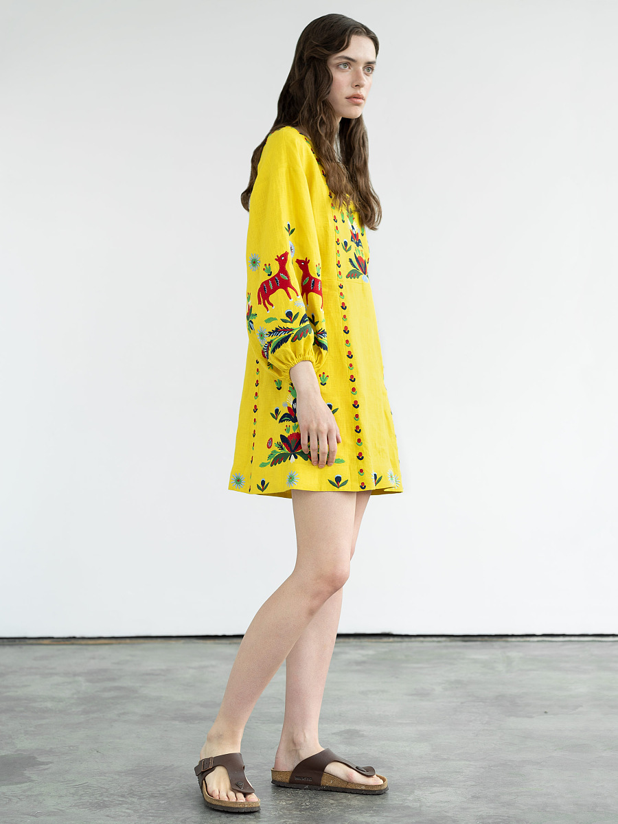 Yellow linen dress with embroidery Prykhodko Yellow [0]