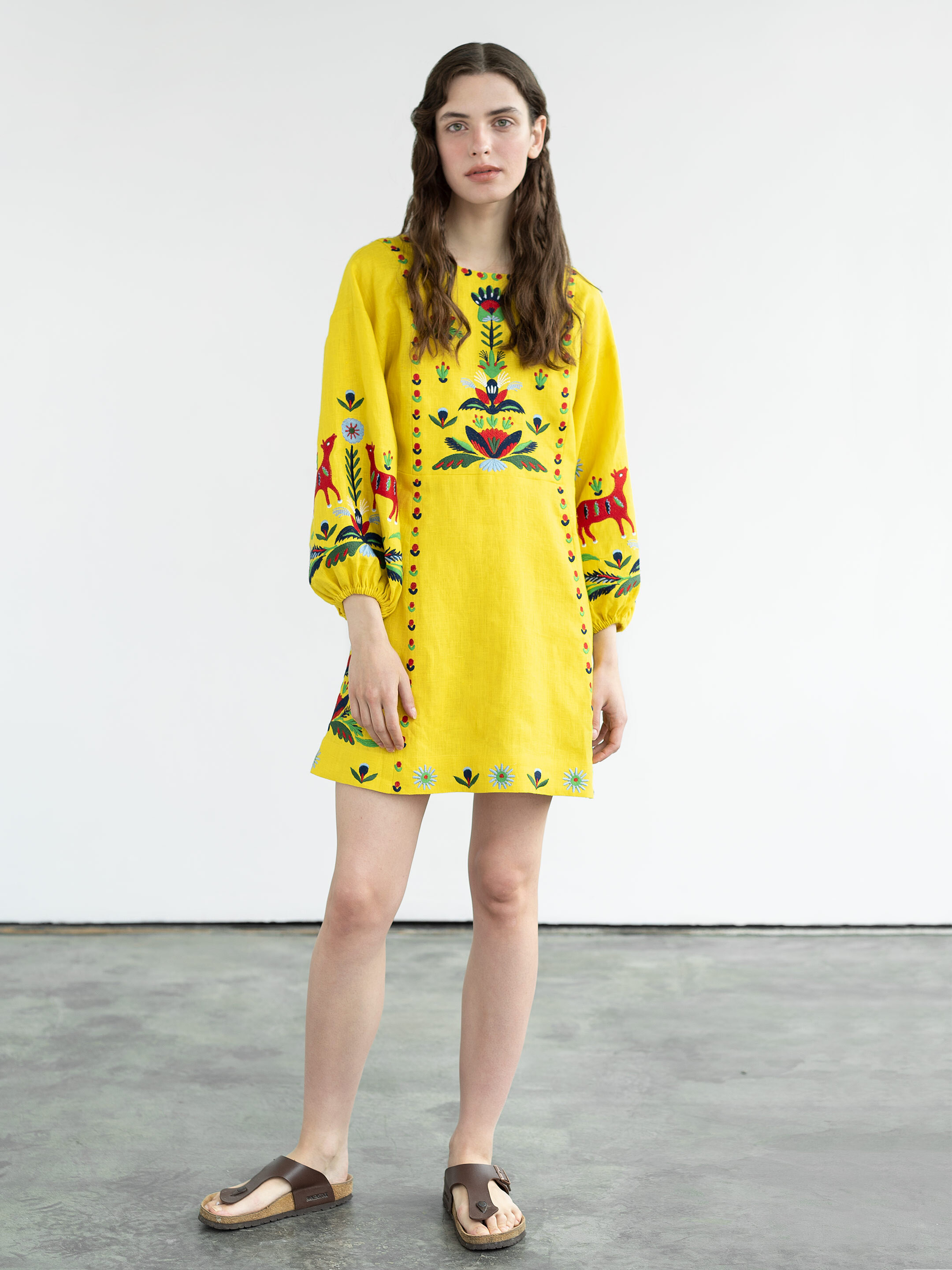 Yellow linen dress with embroidery Prykhodko Yellow fitting
