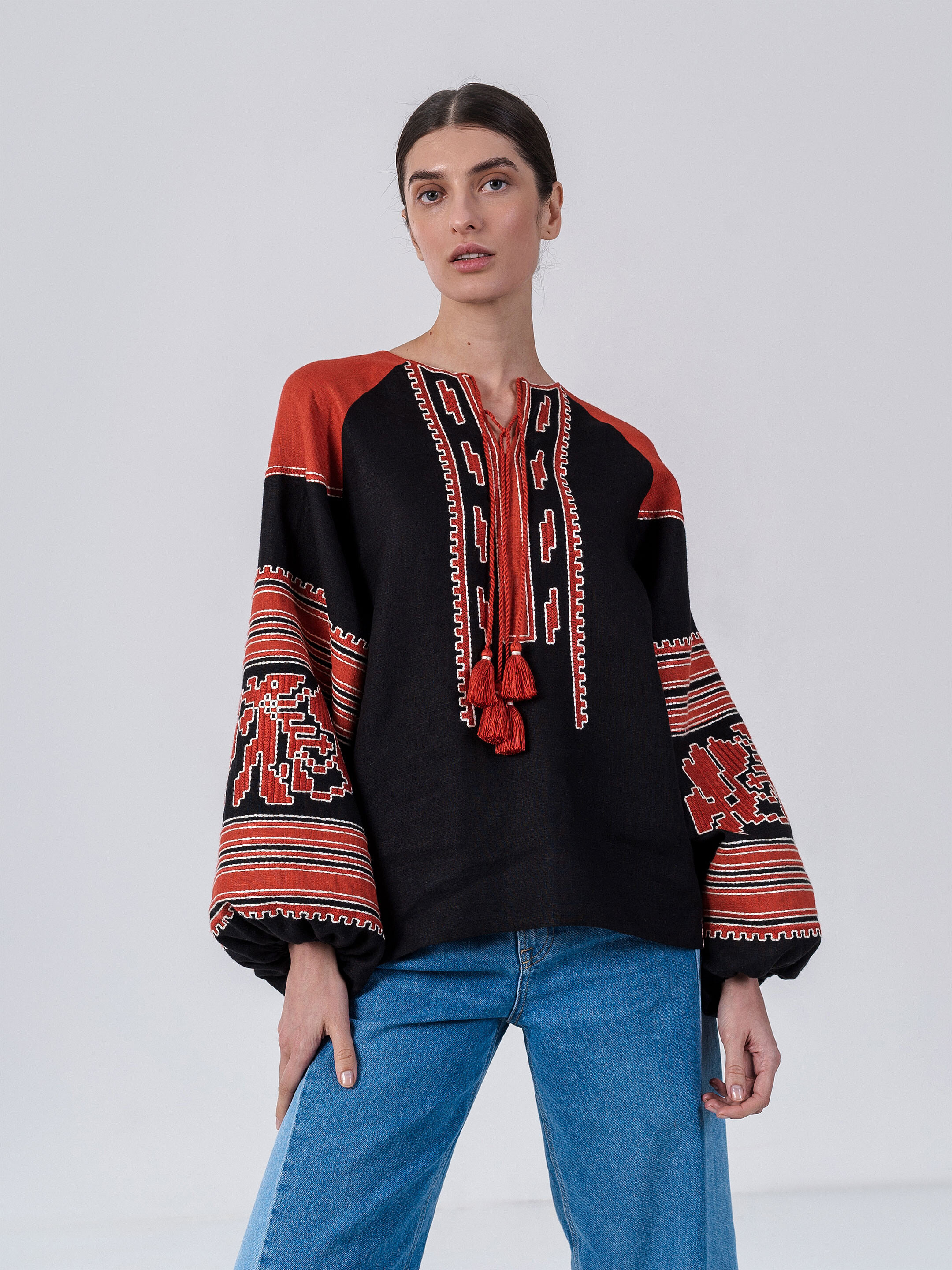 Linen embroidered shirt with free cut Vintage Red sizes