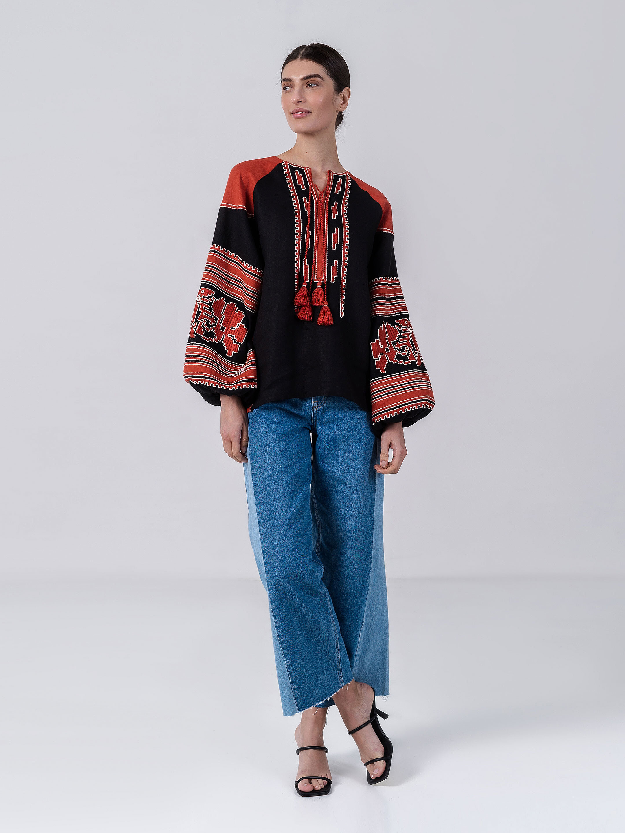Linen embroidered shirt with free cut Vintage Red cheap