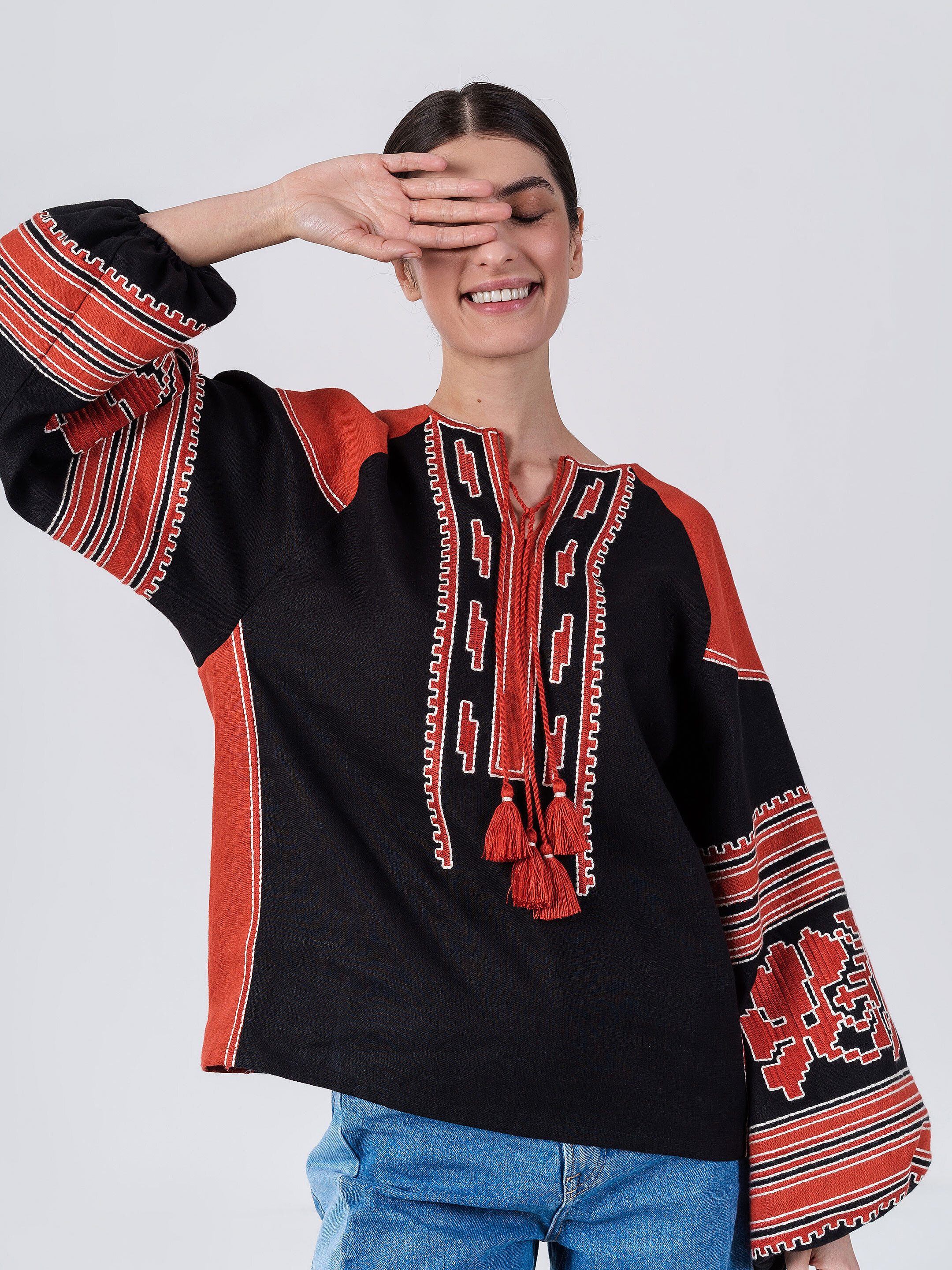 Linen embroidered shirt with free cut Vintage Red Buy