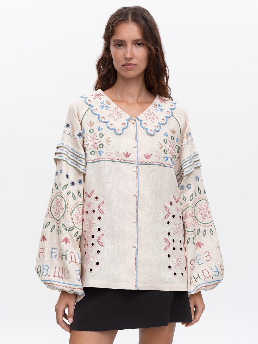 Embroidered beige linen shirt with a collar Bandura [0]