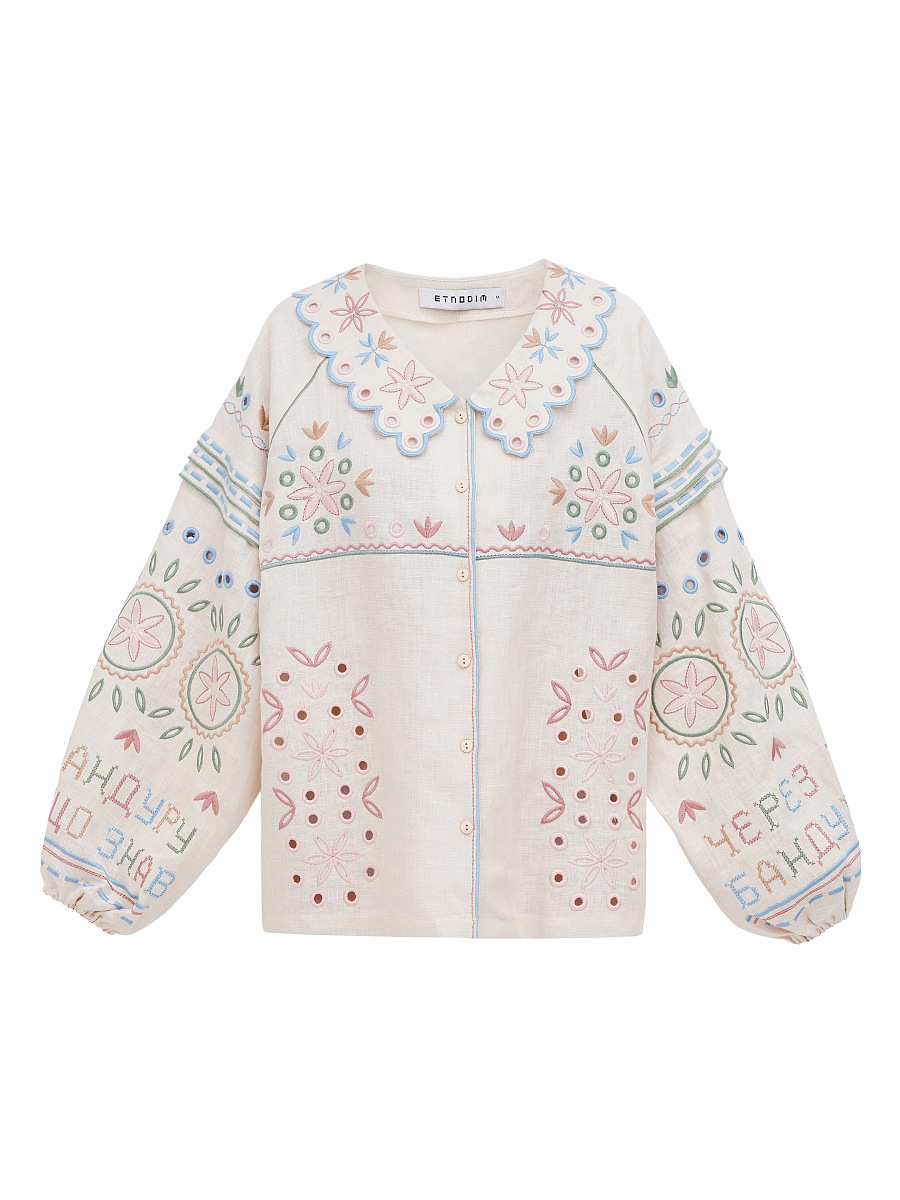 Embroidered beige linen shirt with a collar Bandura [0]