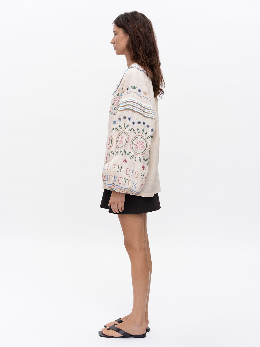 Embroidered beige linen shirt with a collar Bandura [0]