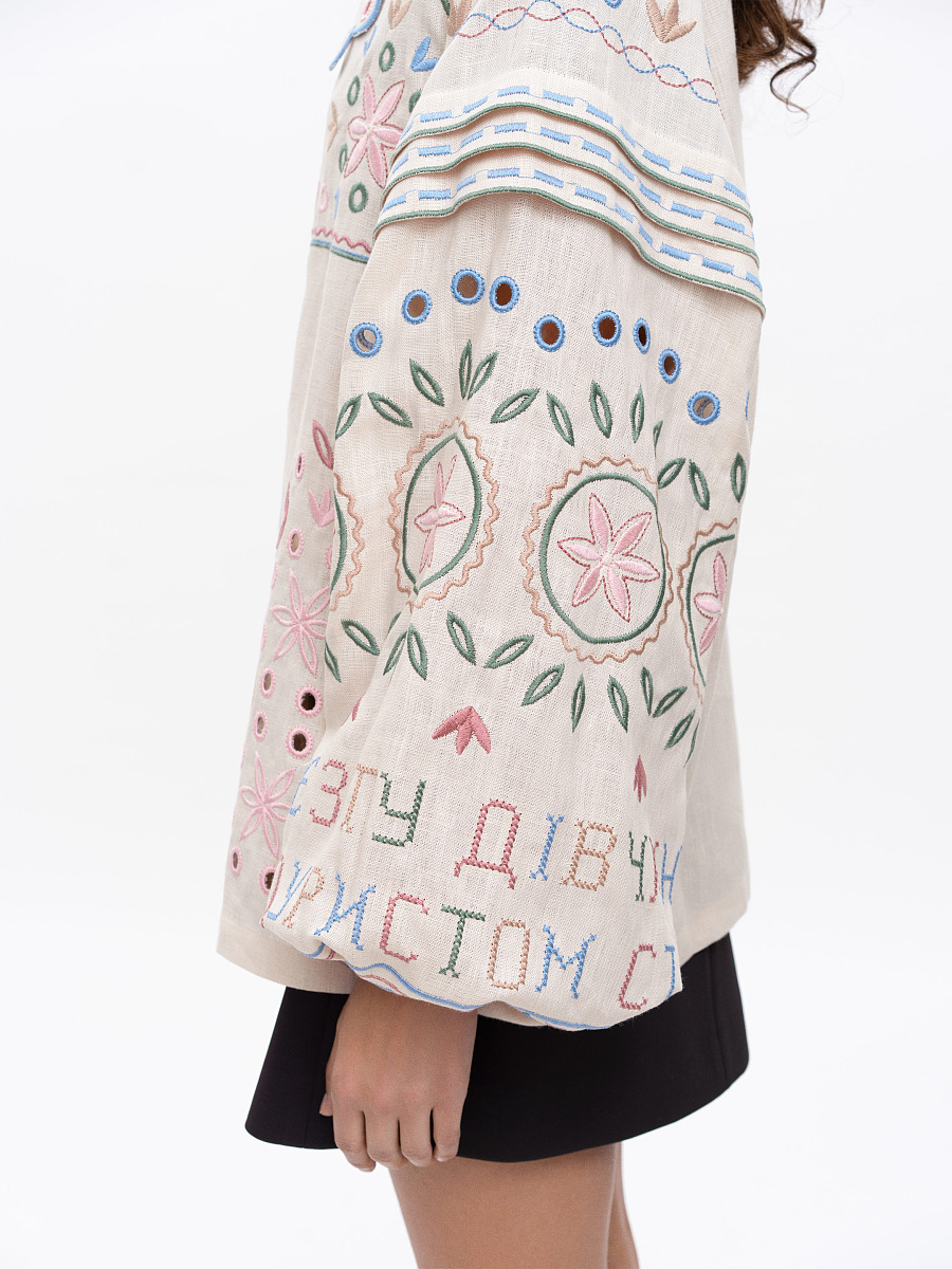 Embroidered beige linen shirt with a collar Bandura [0]