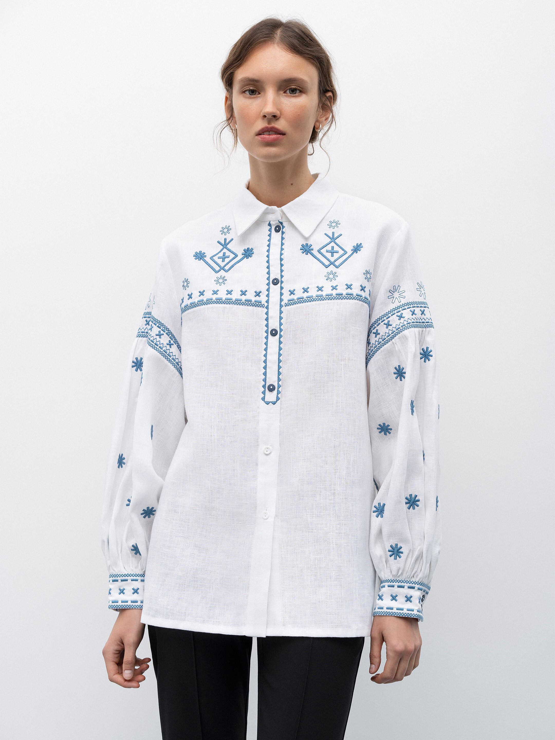 White linen shirt with embroidery Tsvit Syniy choose