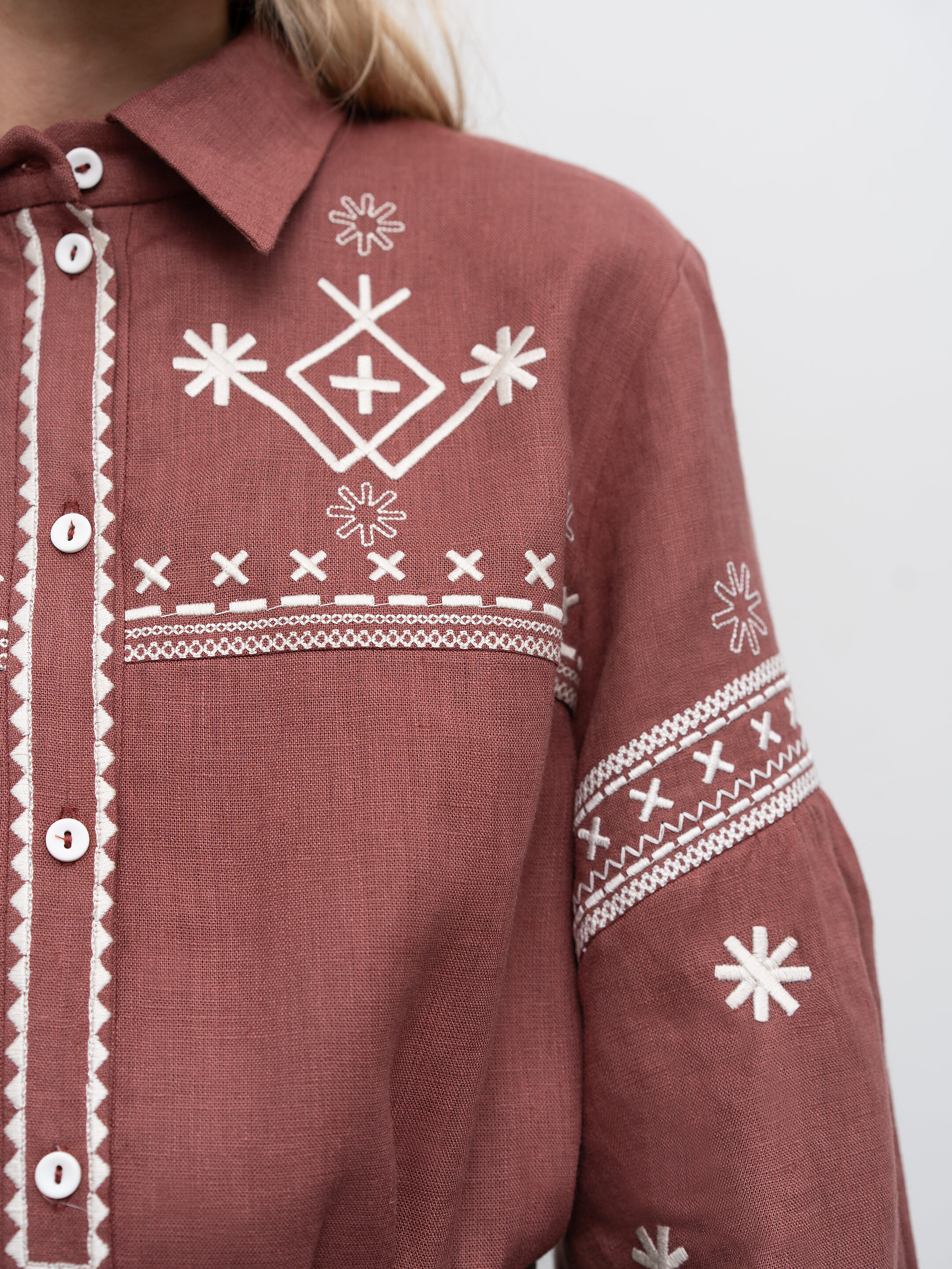 Terracotta linen shirt with embroidery Tsvit Tera choose