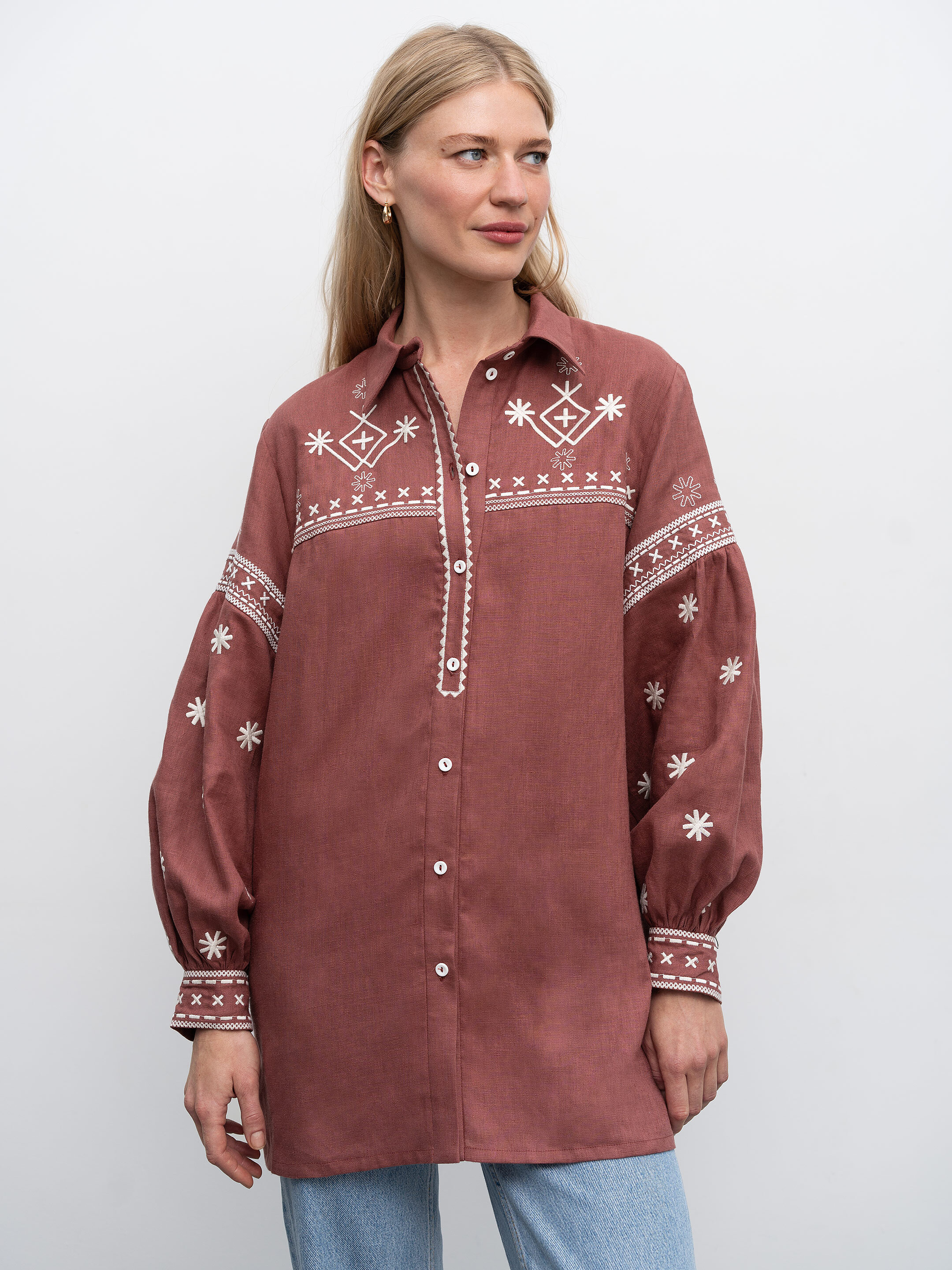 Terracotta linen shirt with embroidery Tsvit Tera Buy