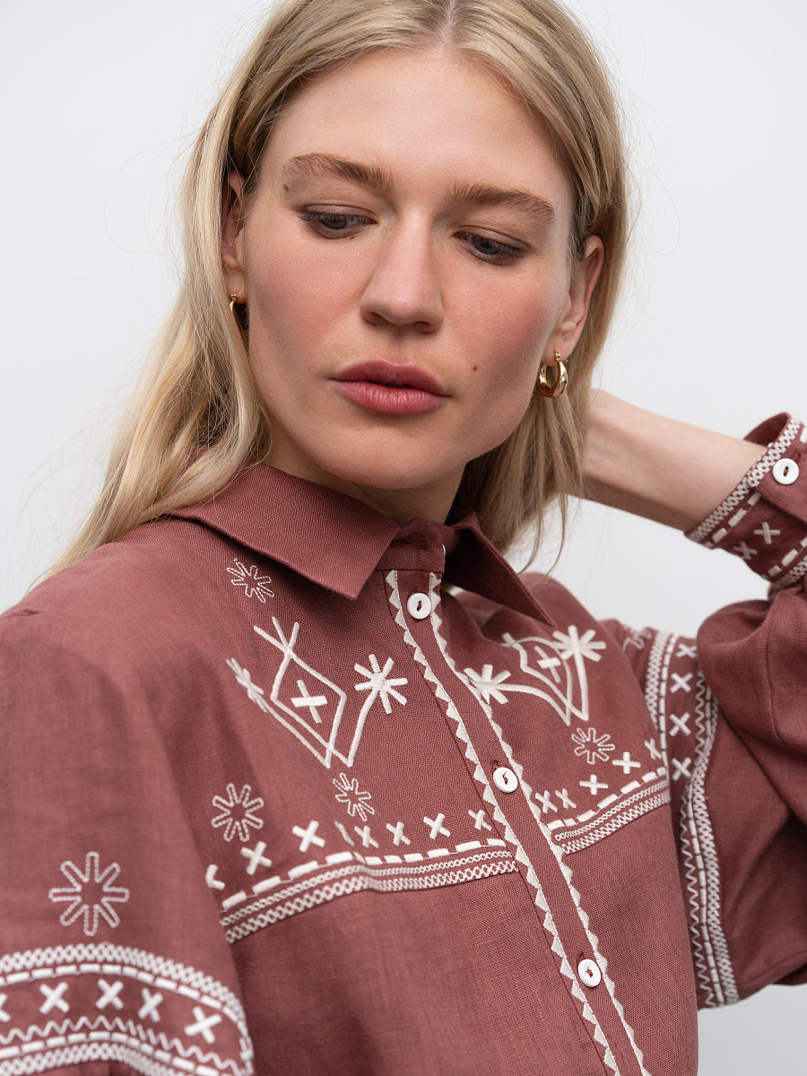 Terracotta linen shirt with embroidery Tsvit Tera [0]