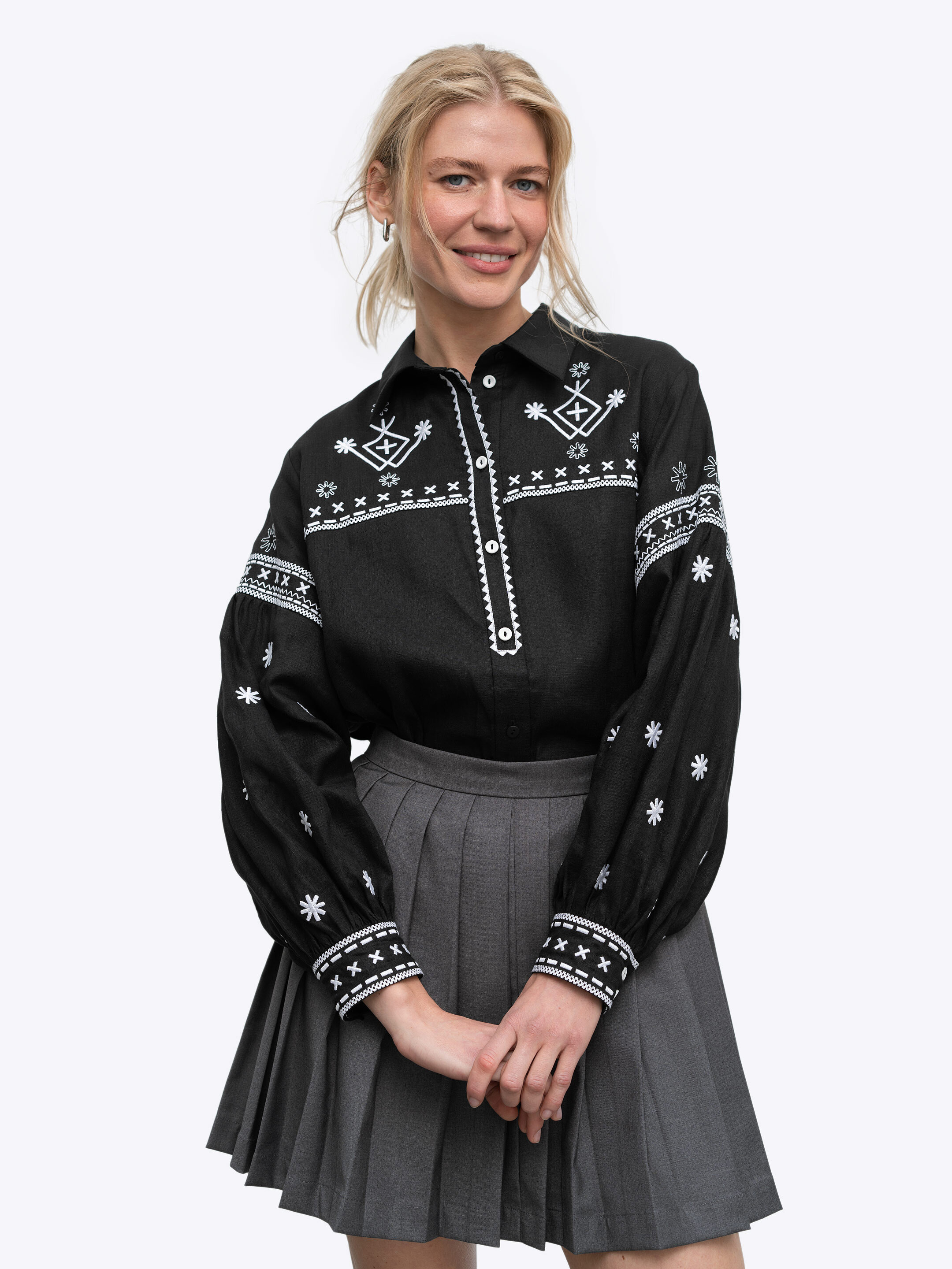Black linen shirt with embroidery Bloom Black Buy