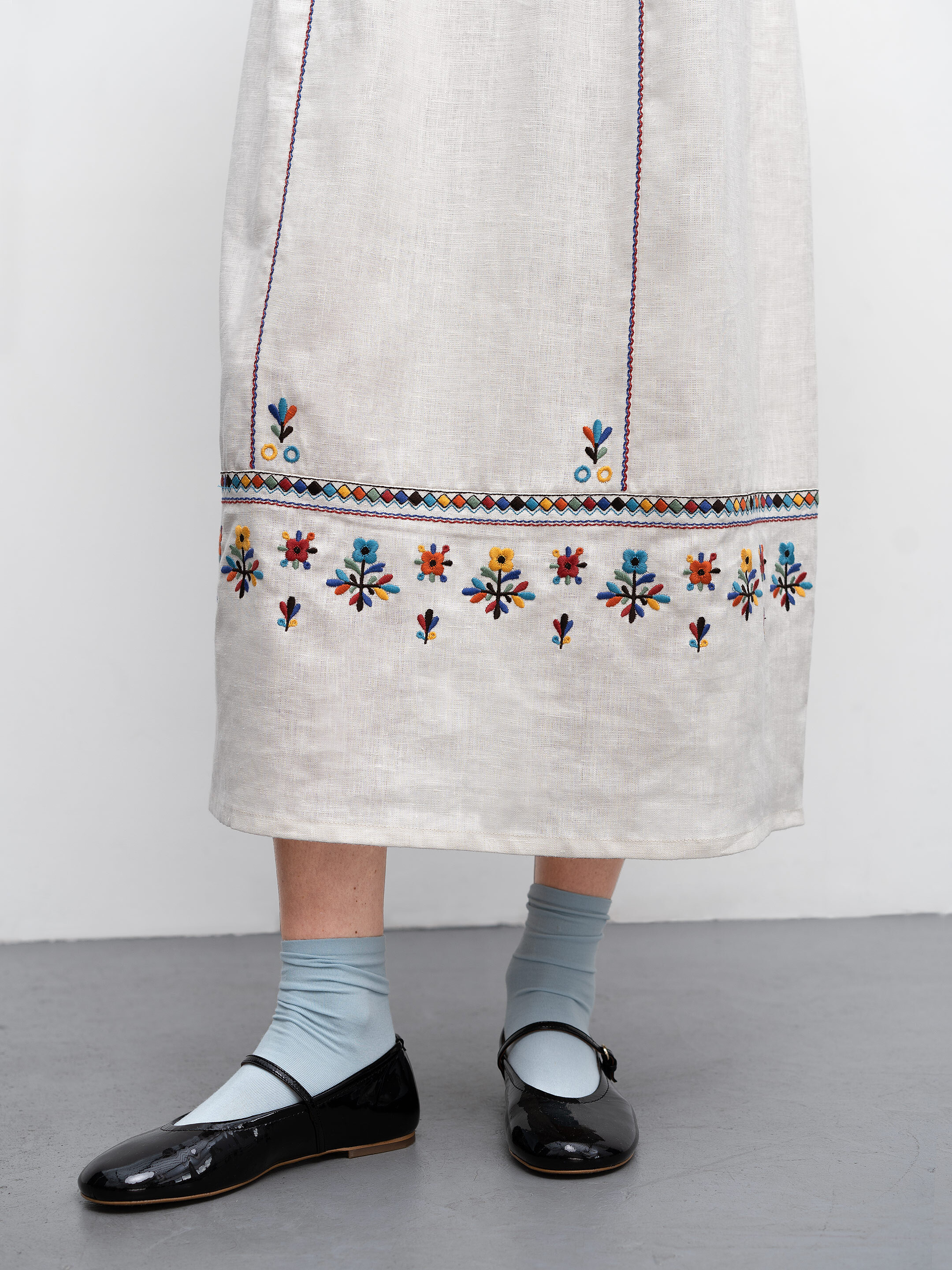 Long embroidered linen dress with yavorivsky ornament Yaryna fitting