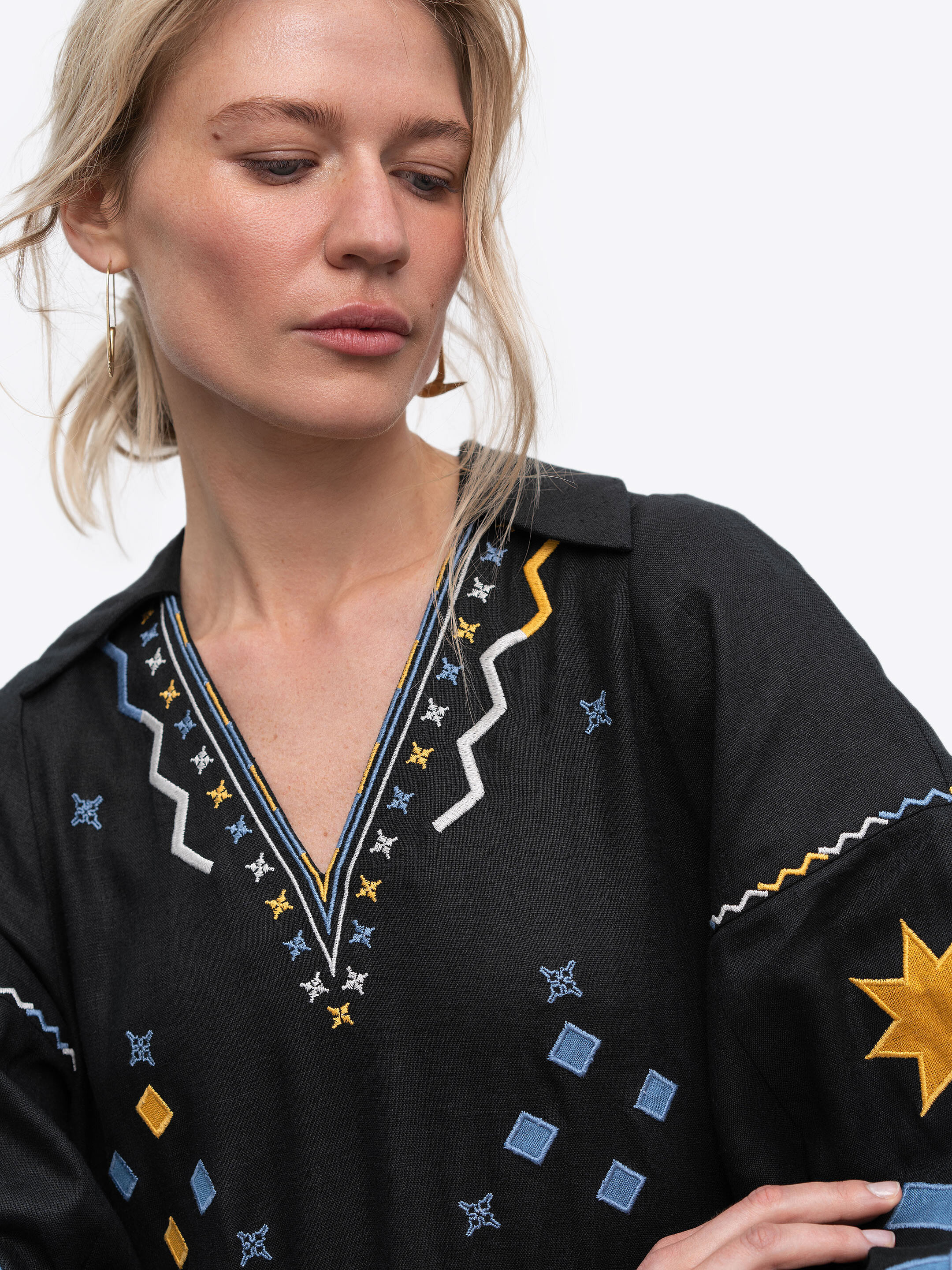 Linen dress with embroidery and applique Zori cheap