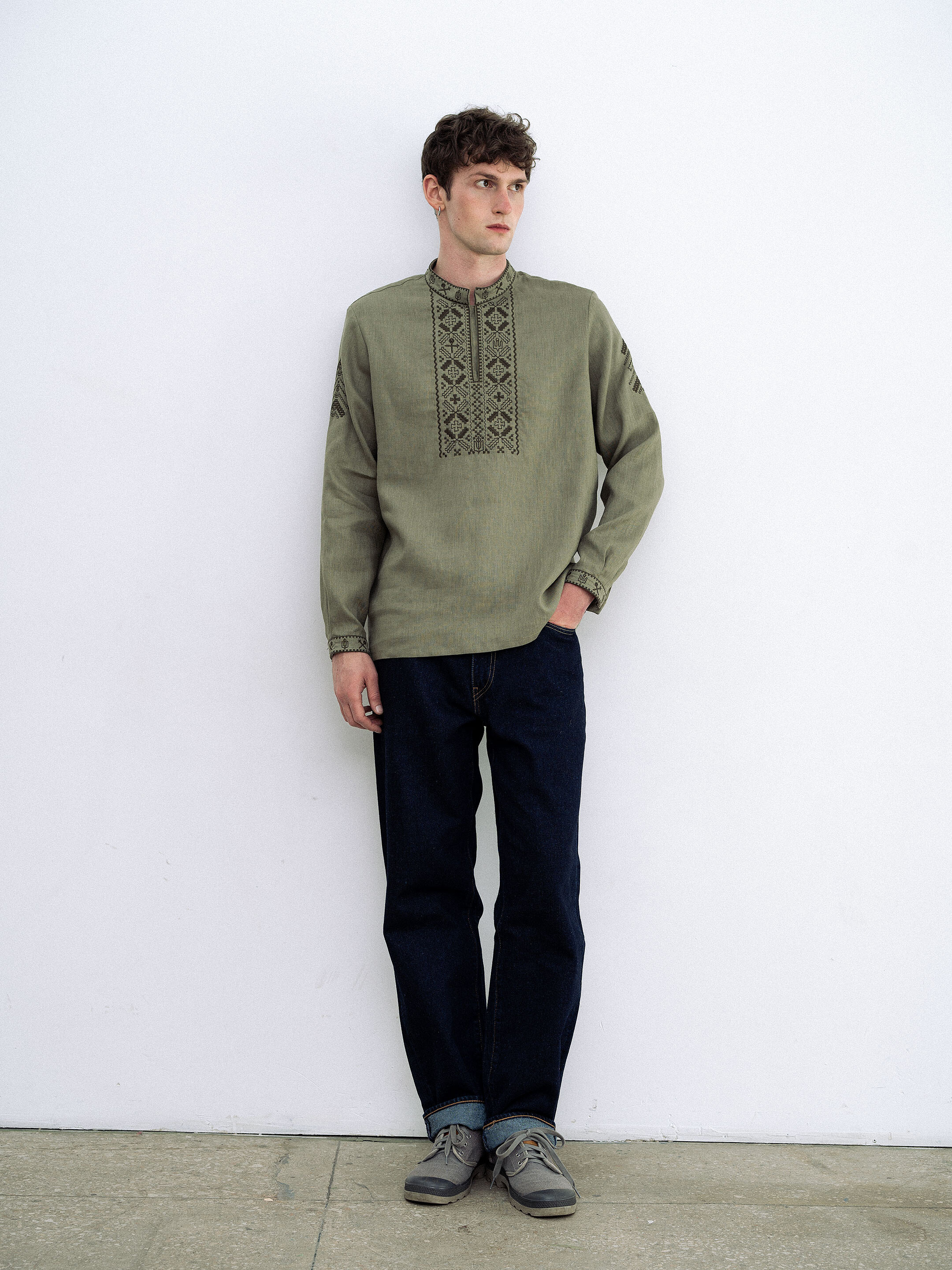 Khaki linen embroidered shirt for men Vidsich Khaki cheap