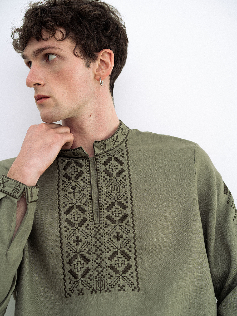 Khaki linen embroidered shirt for men Vidsich Khaki [0]