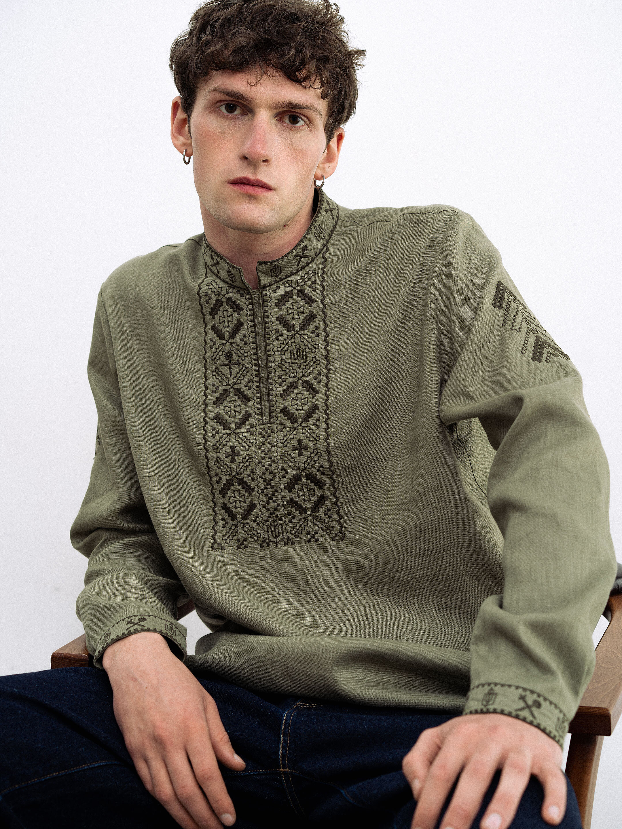 Khaki linen embroidered shirt for men Vidsich Khaki Buy