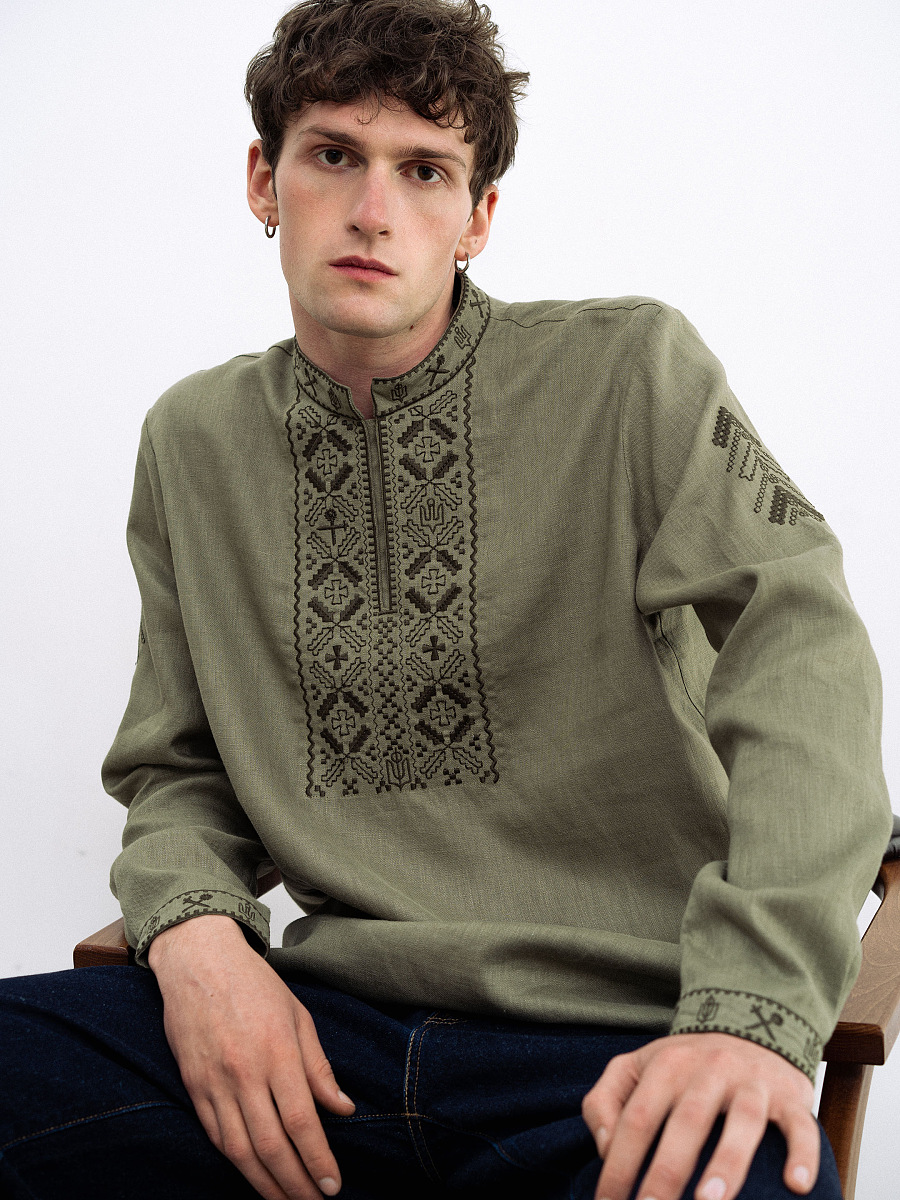 Khaki linen embroidered shirt for men Vidsich Khaki [0]