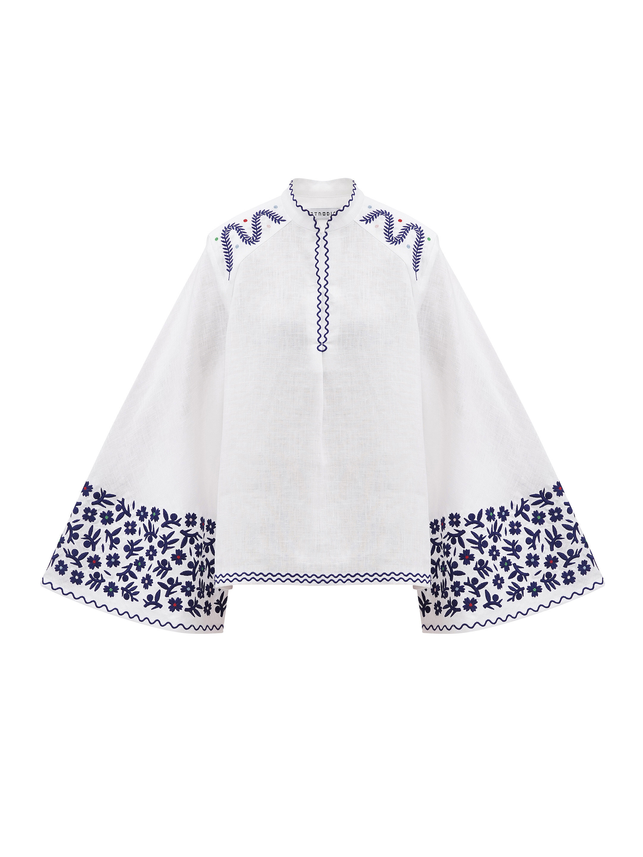 Linen blouse with wide sleeves and embroidery Teren Syniy fitting