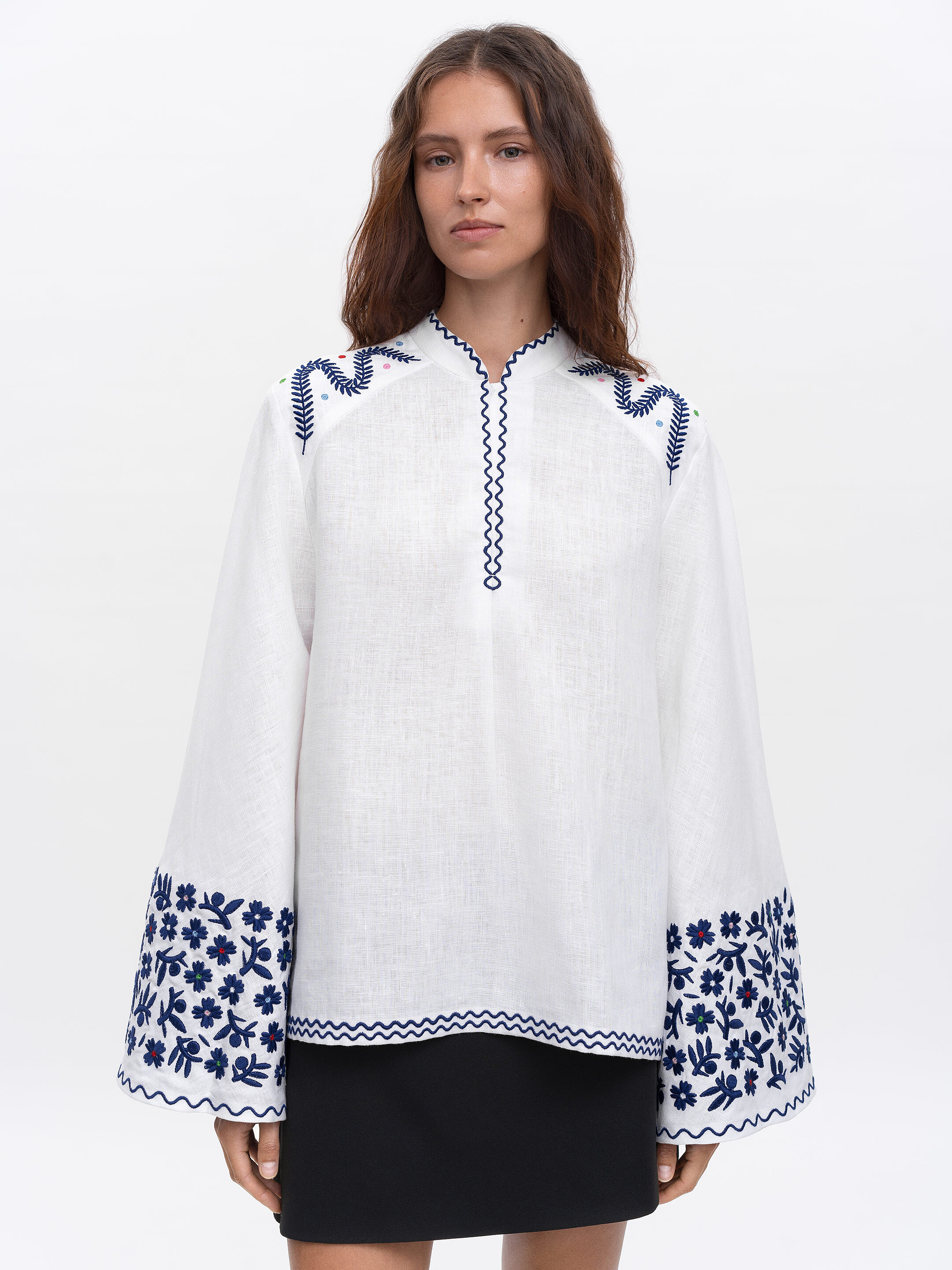 Linen blouse with wide sleeves and embroidery Teren Syniy Buy