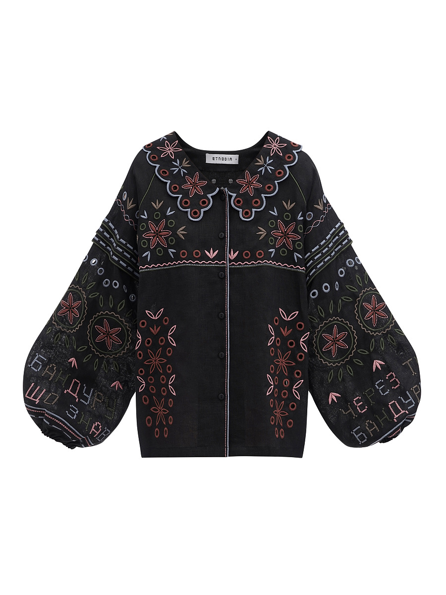 Embroidered jacket made of black linen with a collar Bandura Temna [0]