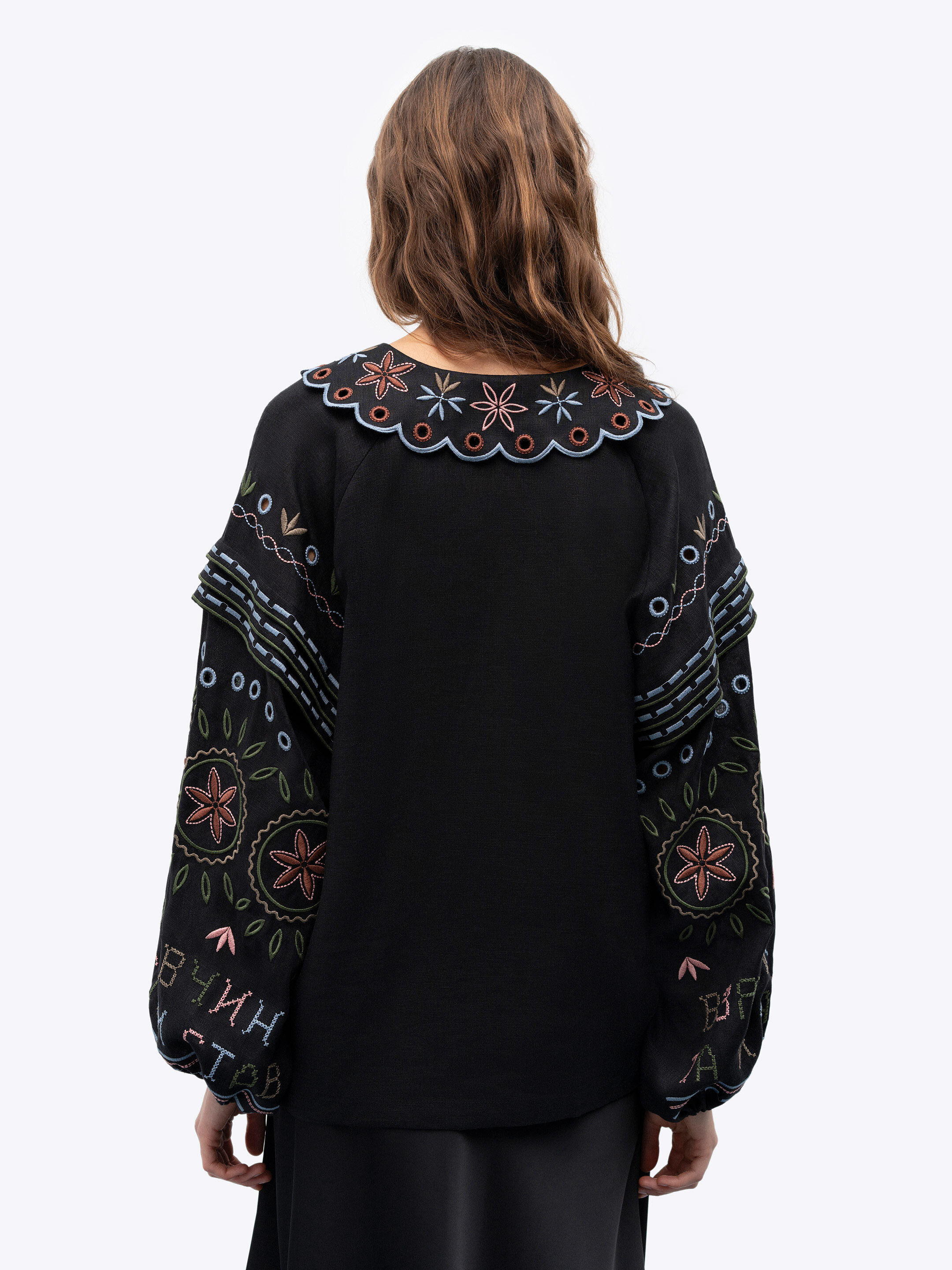 Embroidered jacket made of black linen with a collar Bandura Dark in Ukraine