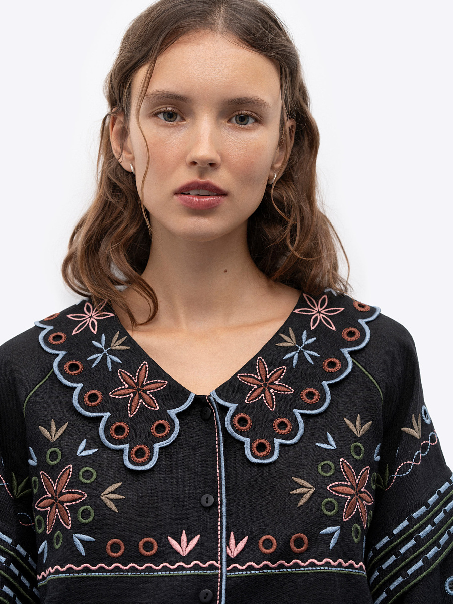 Embroidered jacket made of black linen with a collar Bandura Temna [0]