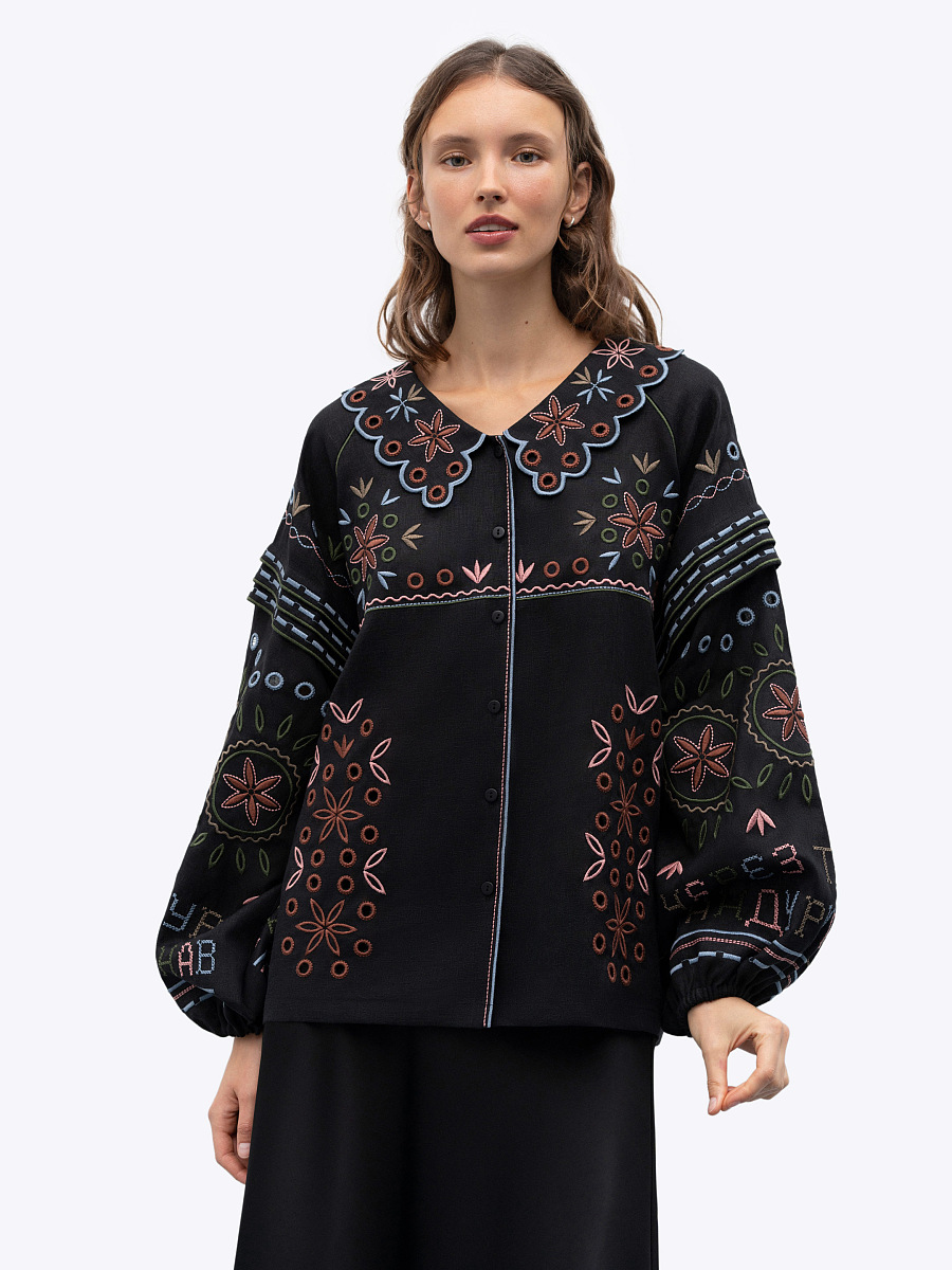 Embroidered jacket made of black linen with a collar Bandura Temna [0]