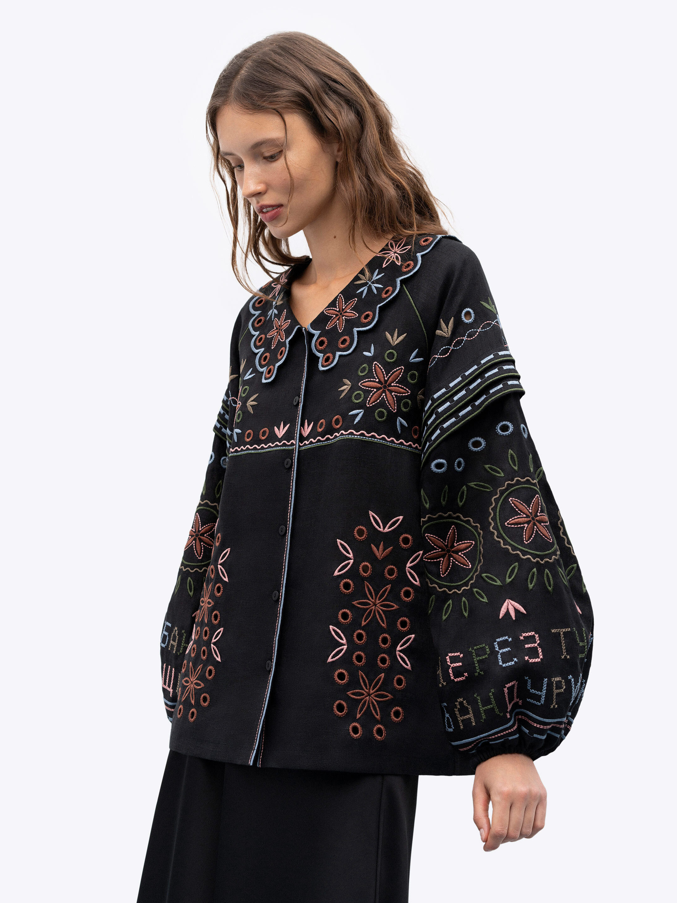Embroidered jacket made of black linen with a collar Bandura Dark Buy