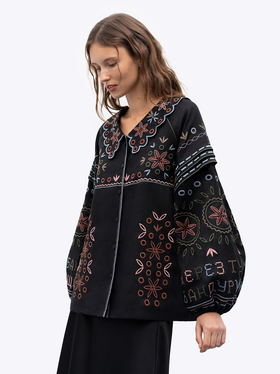 Embroidered jacket made of black linen with a collar Bandura Temna [0]